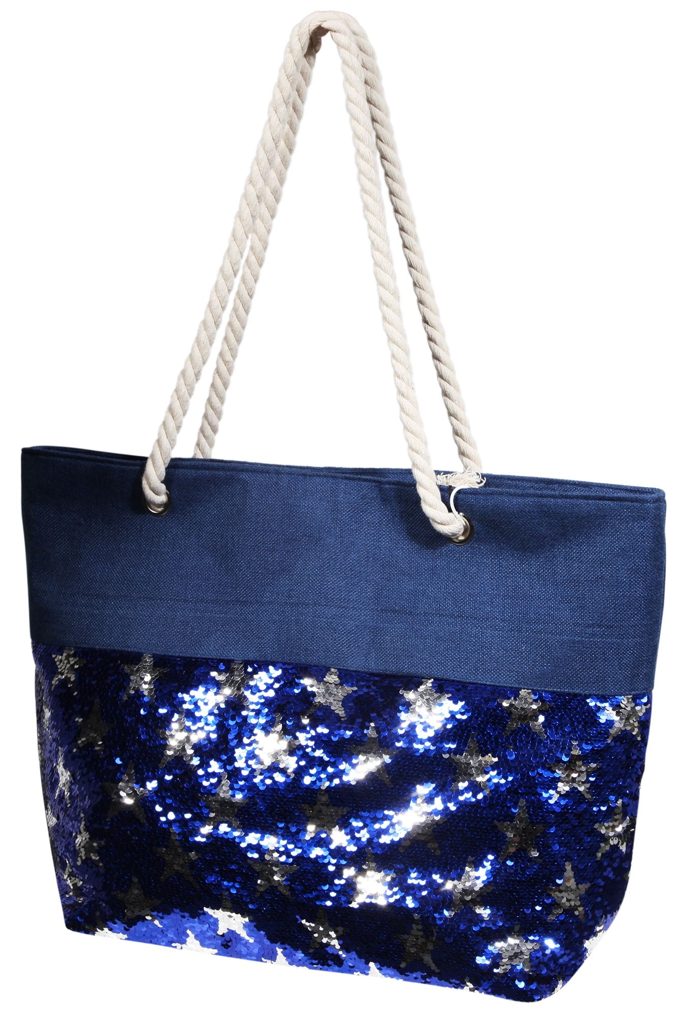 Strandtasche mit wendbaren Pailetten mit Sternmotiv in Blau