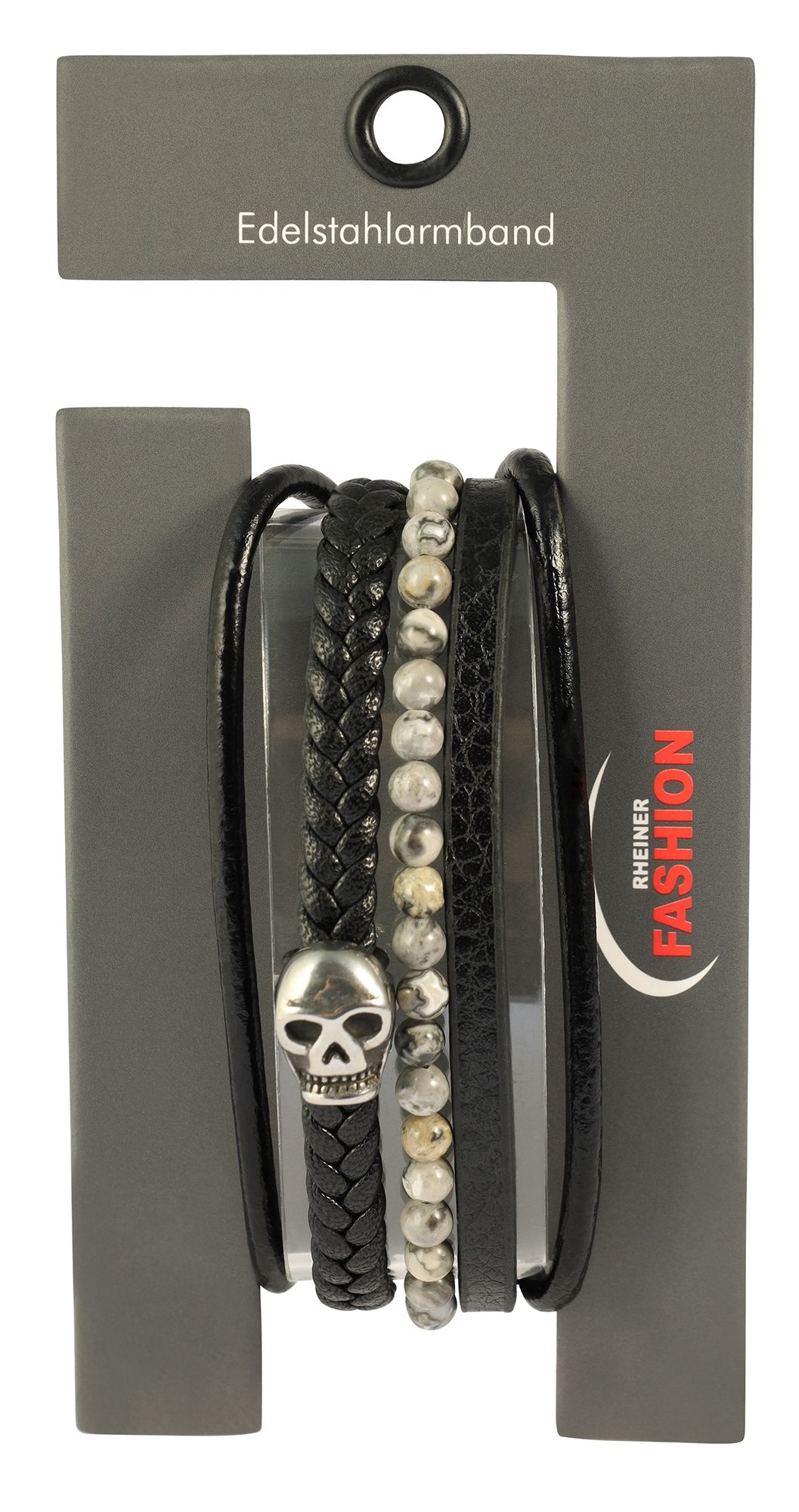 "Lennie" Totenkopf, 19cm, Armband aus Lederimitat mit grauem Jaspis, 4-VE