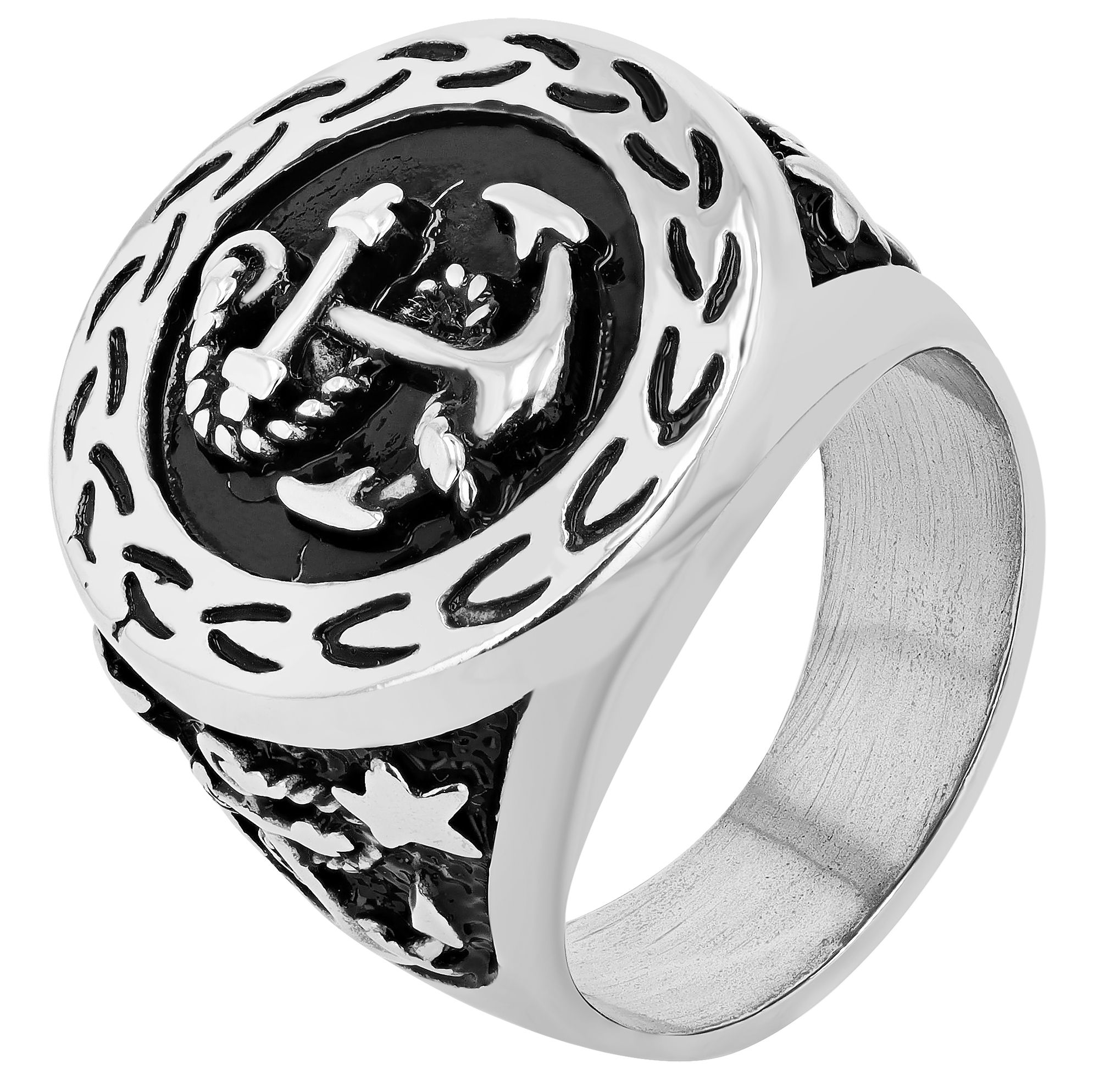 "Coalton" Herrenring, maritimer Siegelring, Edelstahl, silberfarben/geschwärzt, Gr. 64