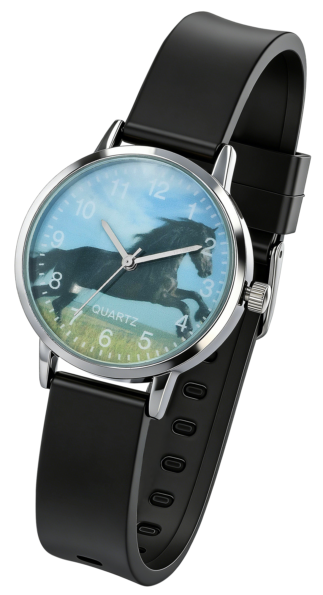 Excellanc Damenuhr/ Jugenduhr "Pferd“ Ø 32 mm, schwarzes Silikonband