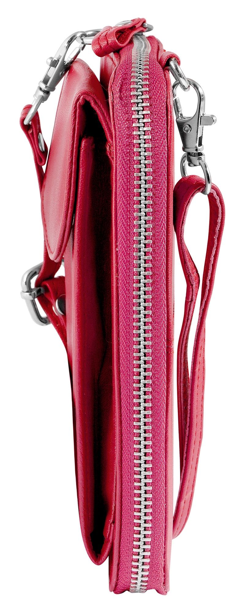 Akzent Handyumhängetasche mit Geldbörse aus Echtleder, geeignet für iPhone 15, hot pink