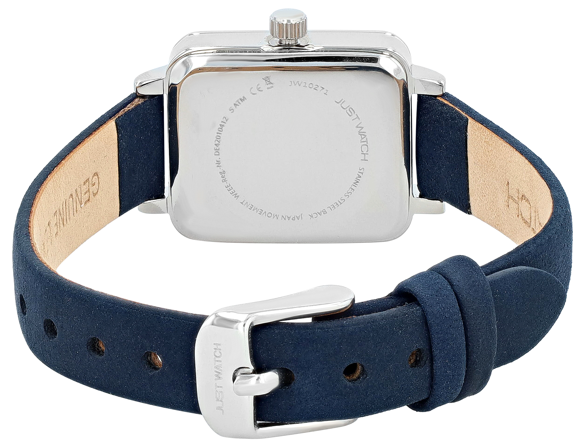 JUST WATCH Damenuhr "Aveline" mit Echtlederband, eckiges Design, blau/ silberfarben