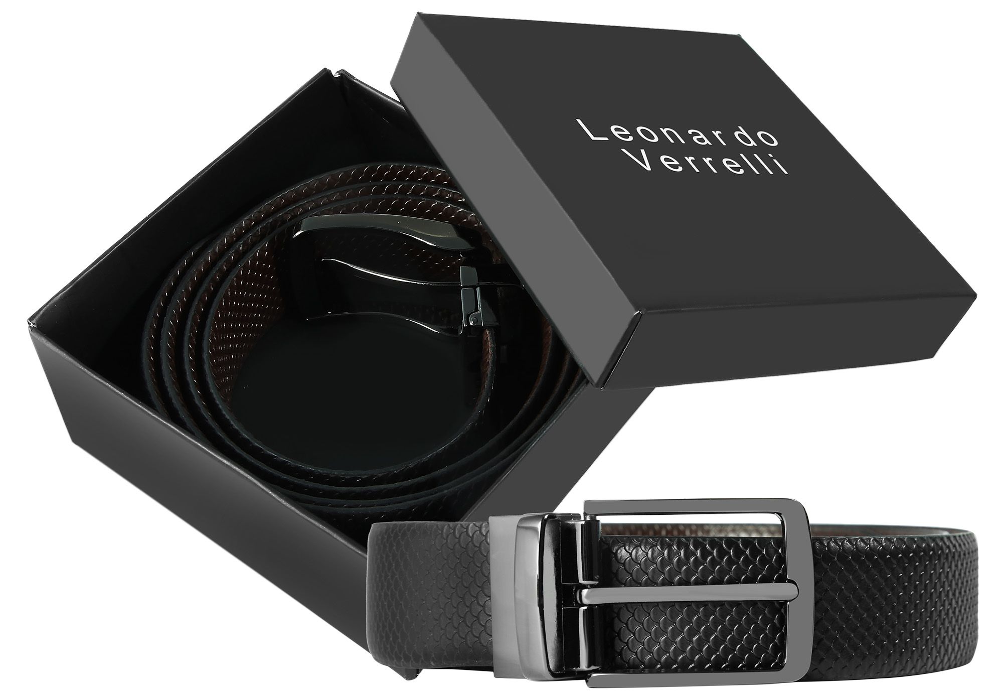 Leonardo Verrelli Echtleder Wendegürtel mit Box, Krokoprägung, kürzbar, schwarz/dunkelbraun, 100 cm