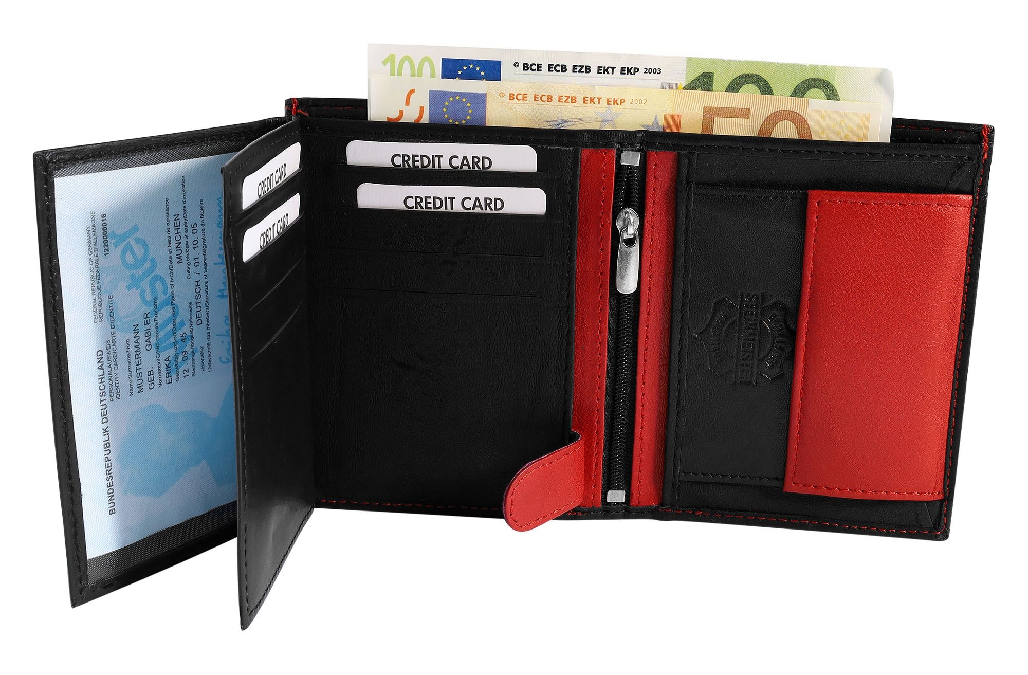 Steinmeister Herrengeldbörse aus Echtleder, Hochformat, schwarz/rot