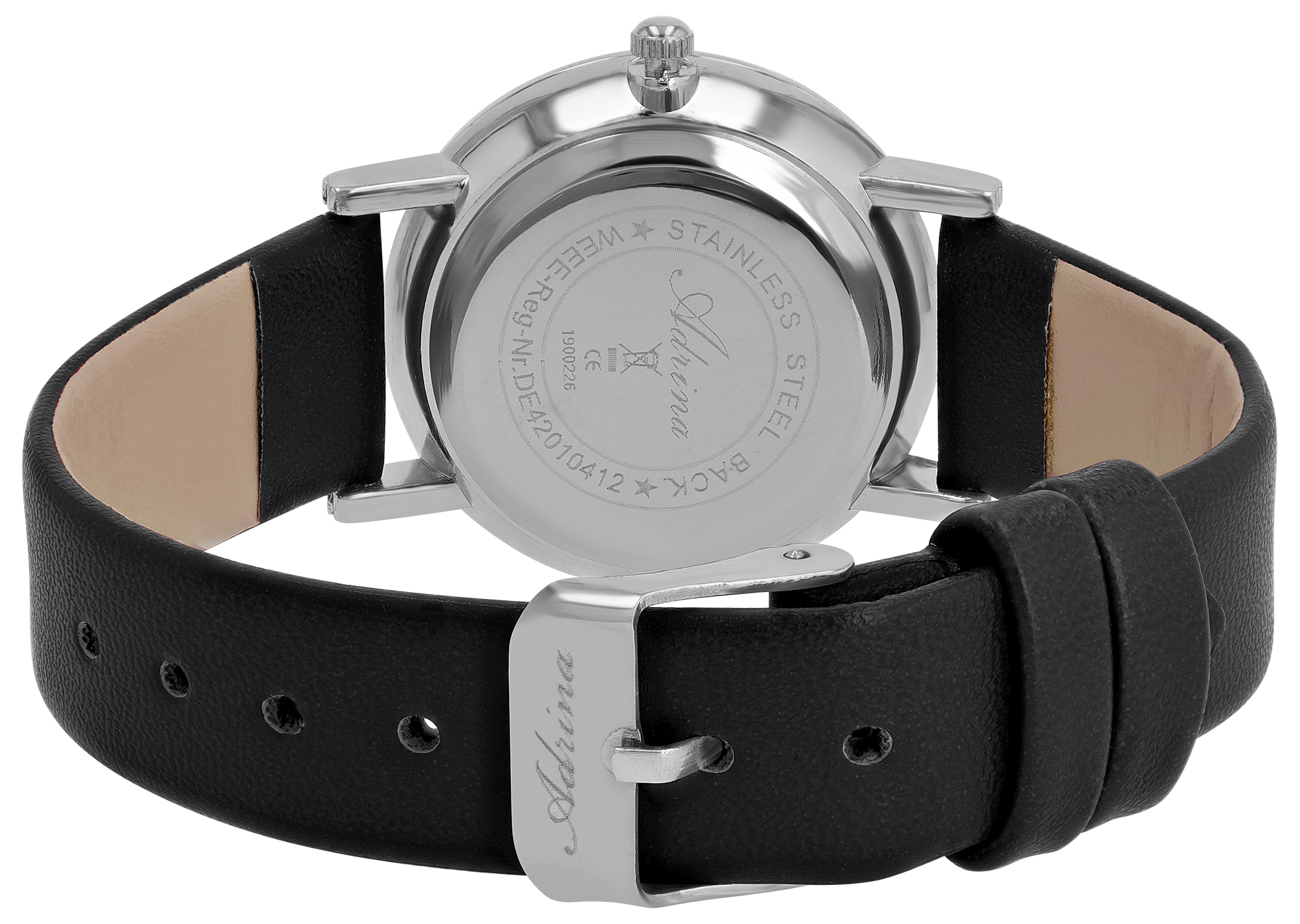 Adrina Damenuhr mit Lederimitationsband, Ø 32 mm, schwarz/ silberfarben