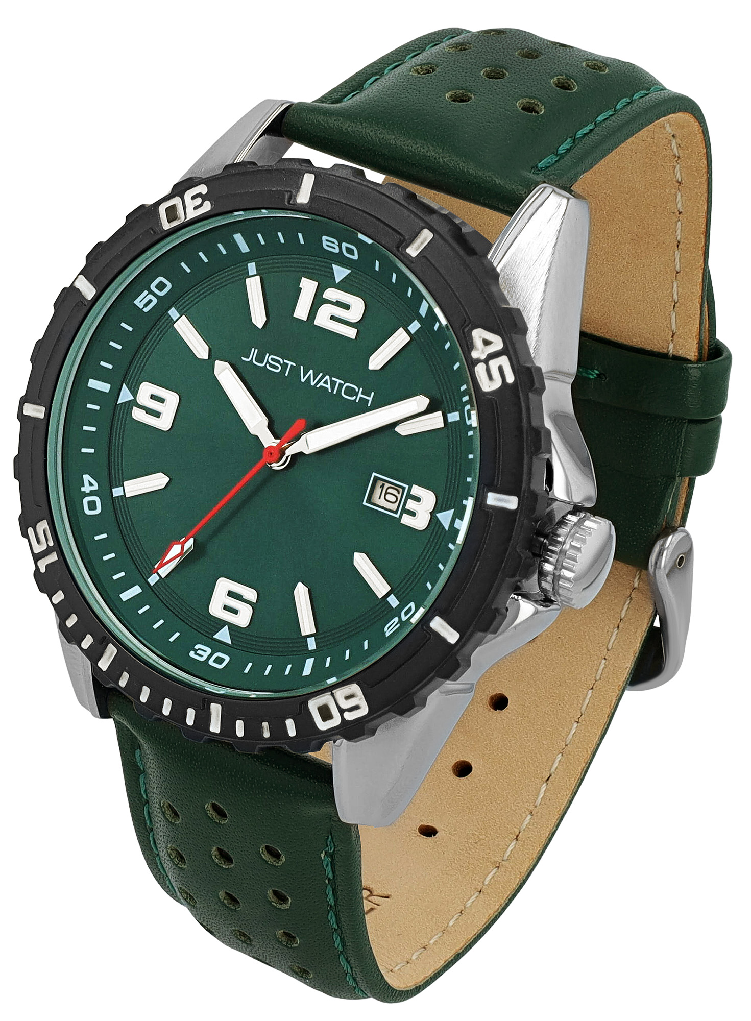 JUST WATCH Herrenuhr "Elwin"  mit Echt Lederband, Ø 43 mm, grün/ silberfarben/ schwarz