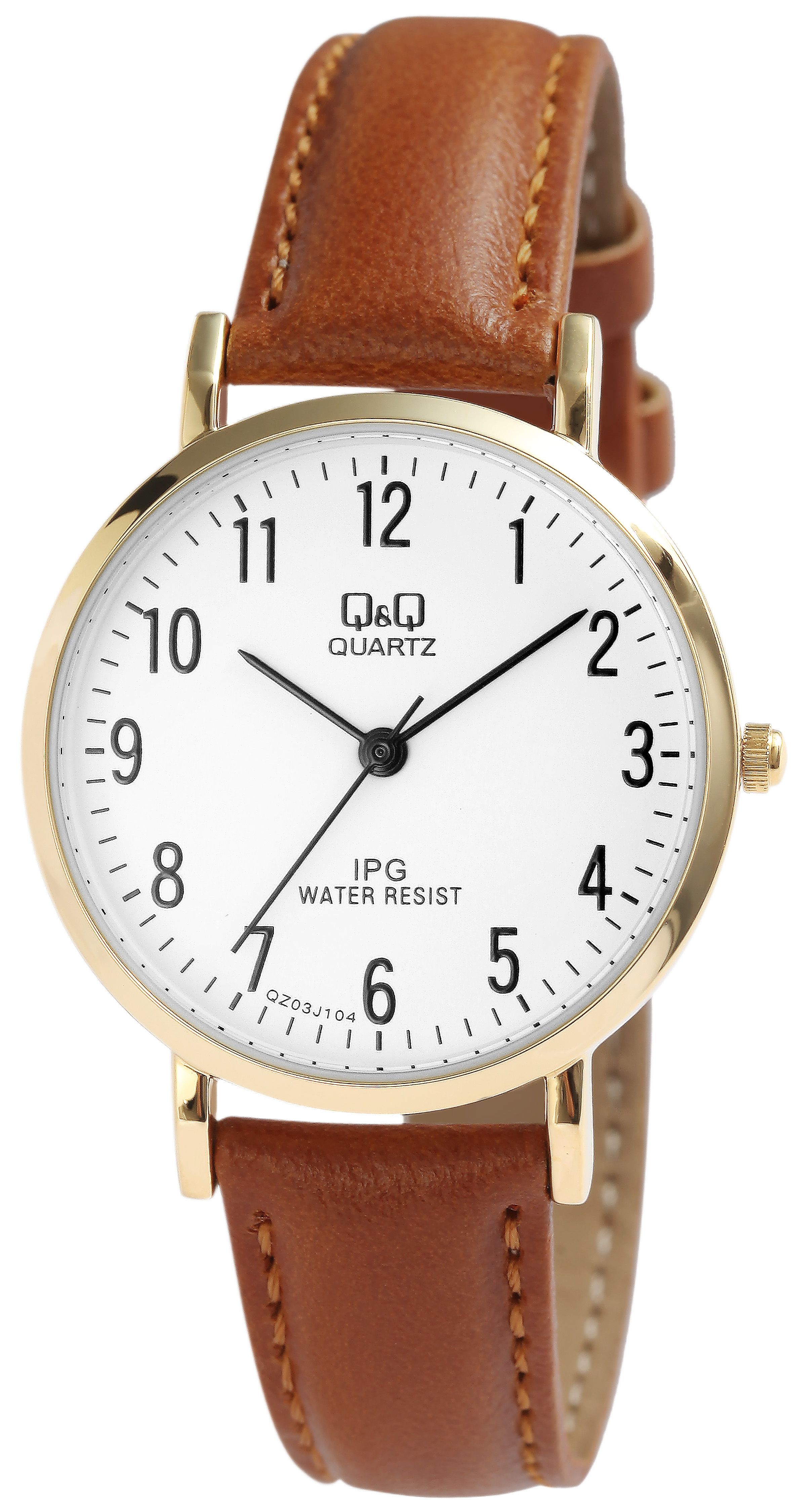 Q&Q Damenuhr Ø 30,5 mm, Lederimitat, braun/ goldfarben, braun/goldfarben/weiß