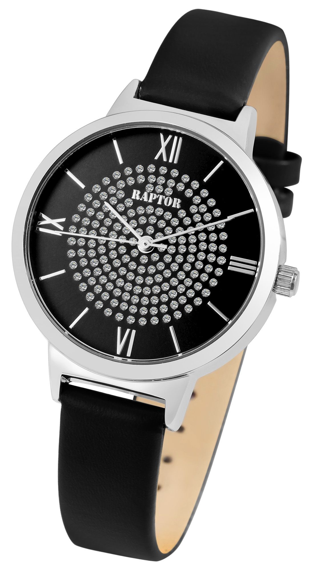 Raptor Damenuhr "Tess" mit Echtlederarmband, schwarz/silberfarben