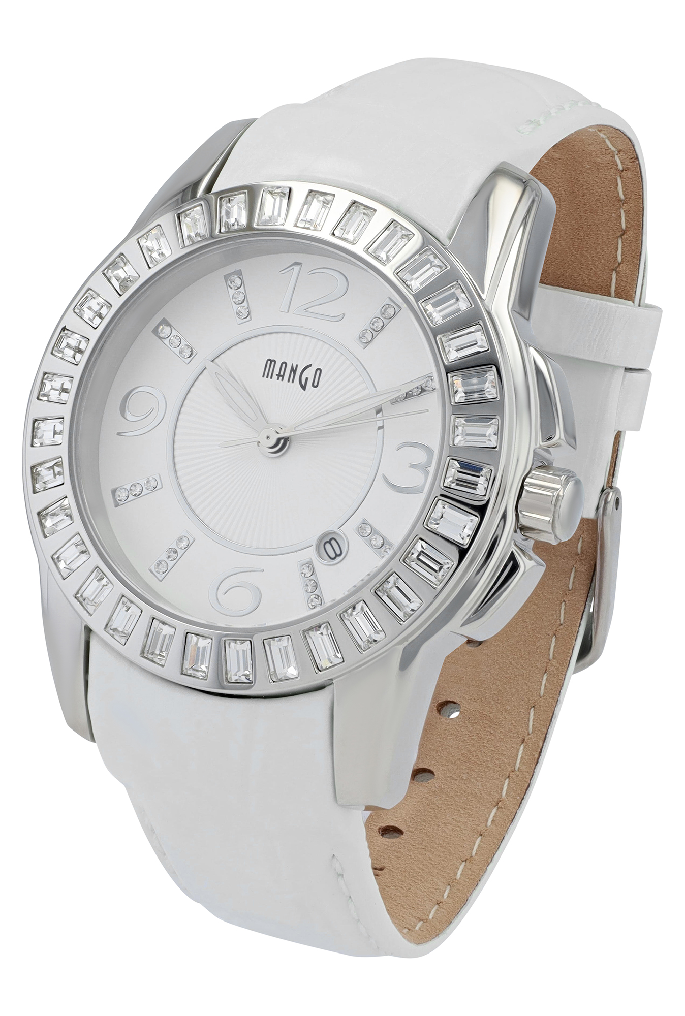 Mango Damenuhr Ø 40 mm, Echtlederband Kroko-Optik, weiß/ silberfarben