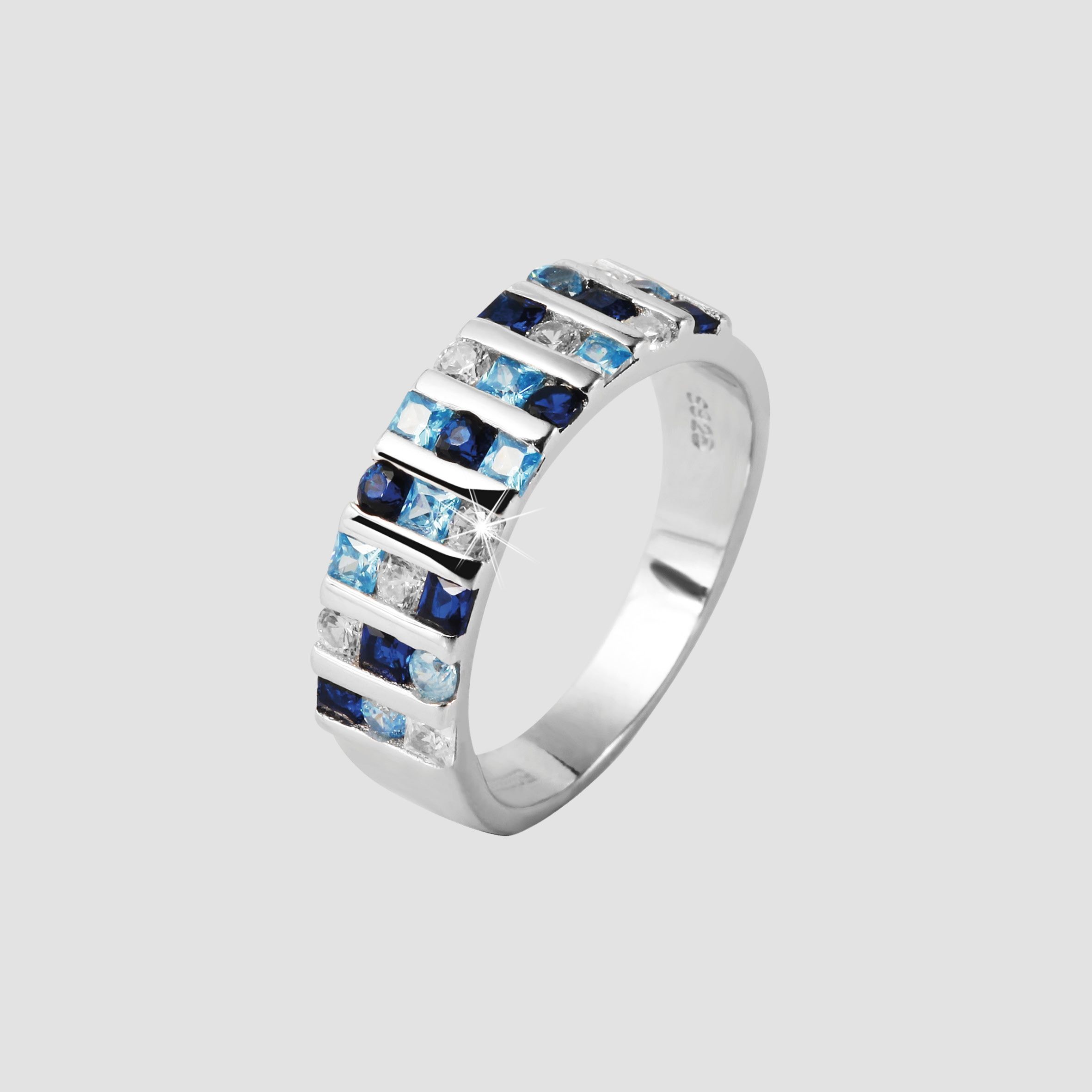 925 Echt Silber Ring mit blau-weißem Zirkoniabesatz, 925/rhodiniert
