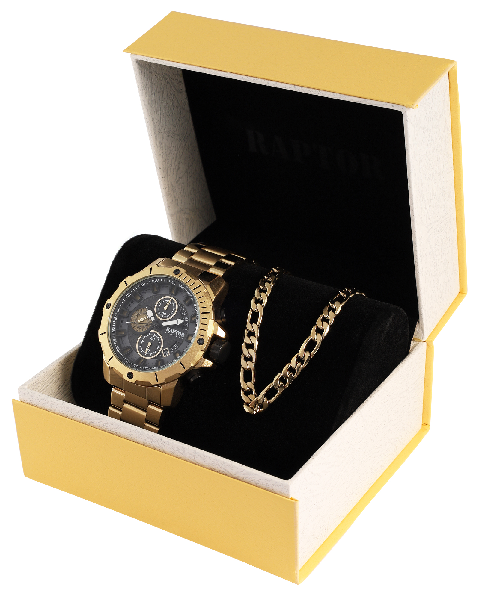 Raptor Herren Geschenkset - Herrenuhr Edelstahlband (Chronograph) mit Edelstahl Figarokette 60 cm/ 6 mm