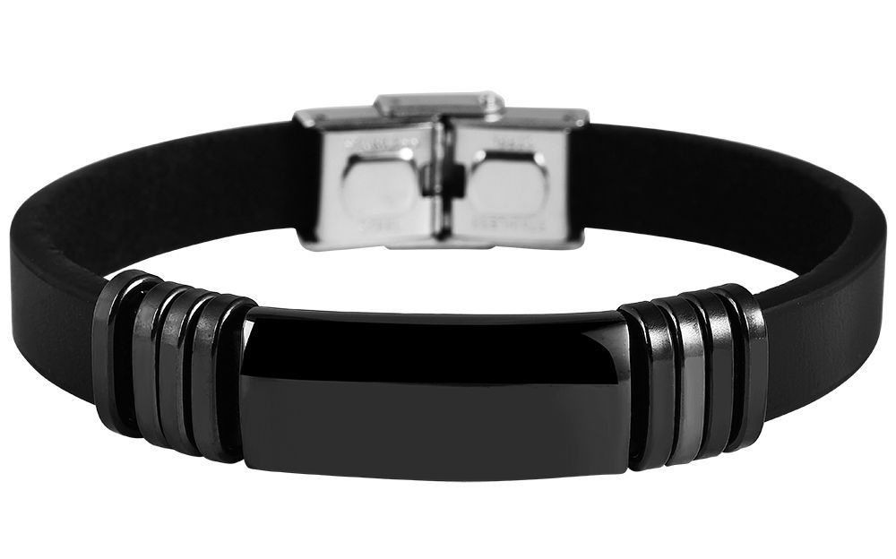 "Andris", Echtlederarmband mit Edelstahlelement, Gravurplatte, schwarz