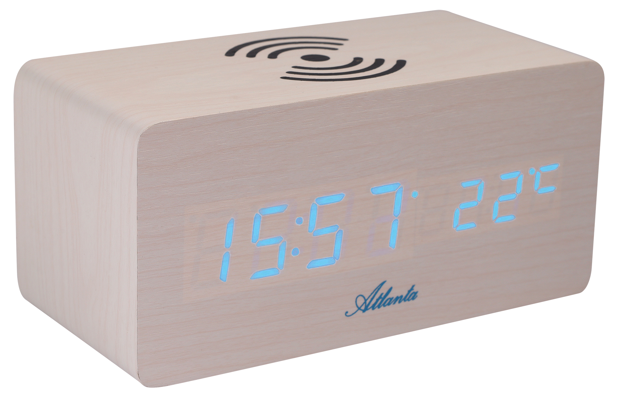 Atlanta LED Wecker (Wireless-Charging, 3 Alarmzeiten, Temperatur), Holz/ weiß
