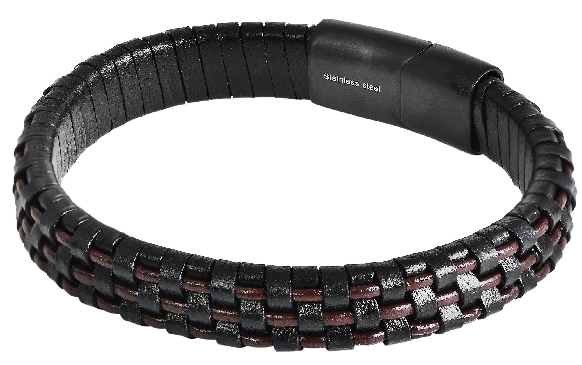 Akzent Herrenarmband aus Echtleder und Edelstahl, schwarz/braun, Länge 19 cm