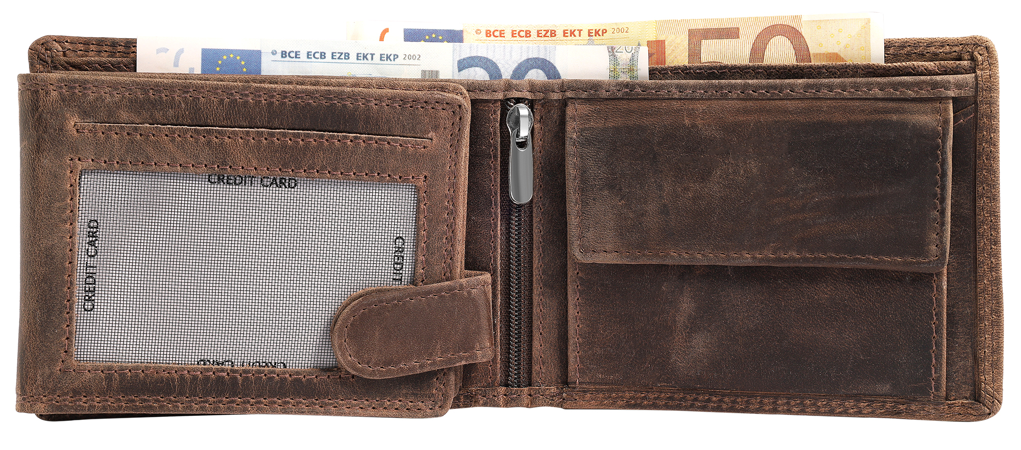 Akzent Echt Leder (Hunter-Leder) Geldbörse, RFID, Querformat, "Fischer/ Angler", braun