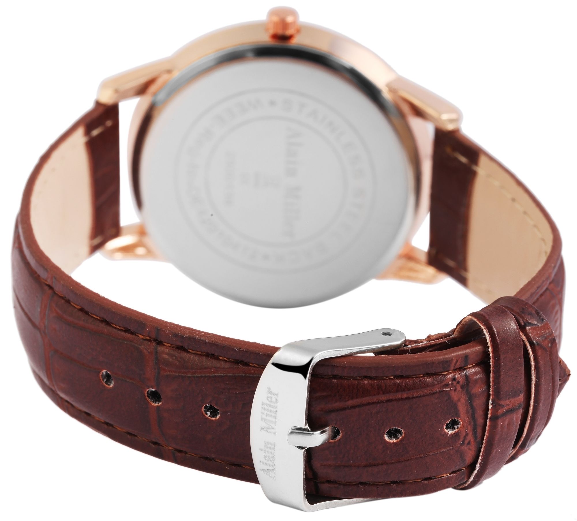 Alain Miller Herrenarmbanduhr mit Lederimitationsarmband, roségoldfarben/braun