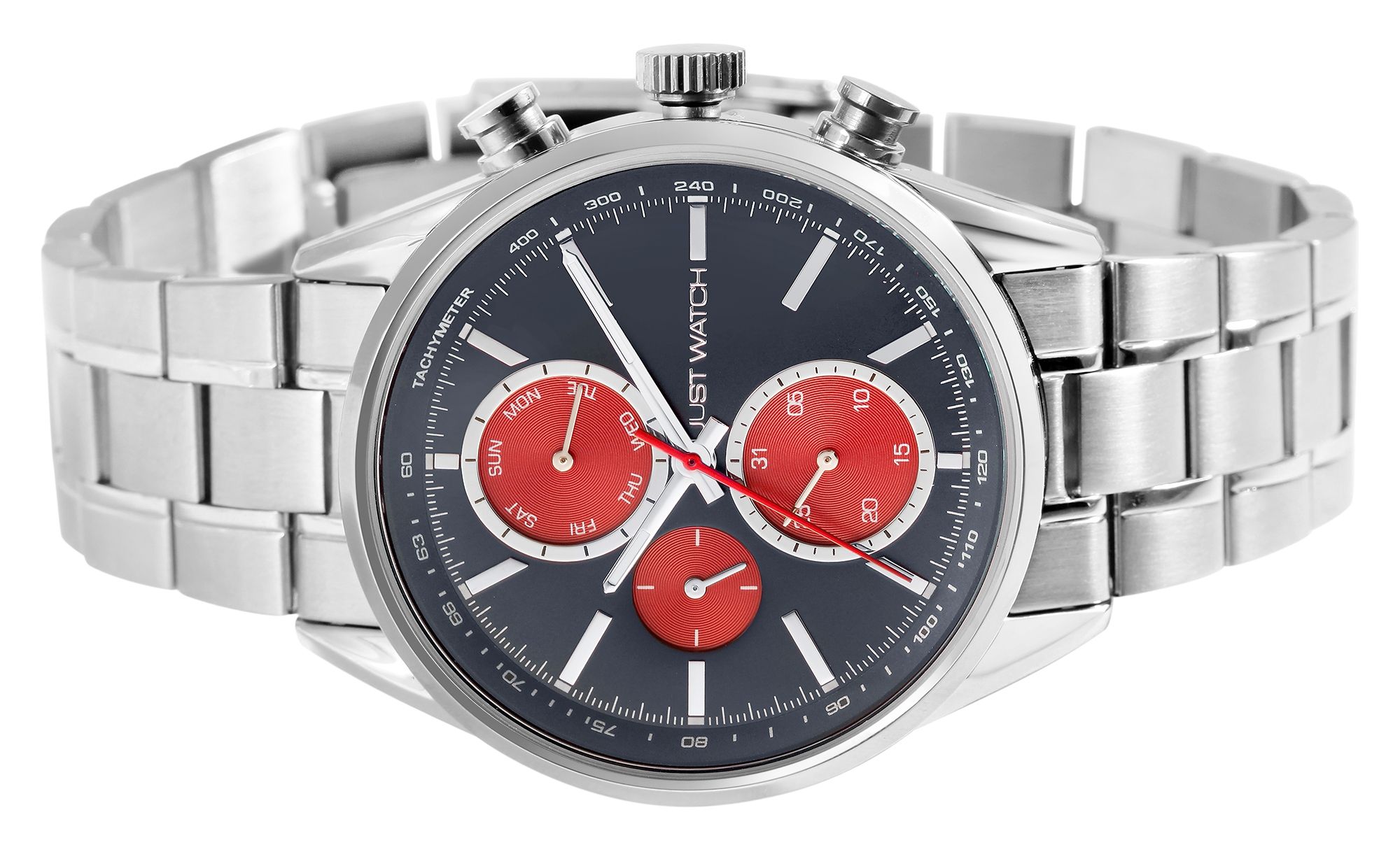 Just Watch Herrenuhr "Valcone" Edelstahlarmband, Datum- und Wochentagsanzeige, silberfarben/blau