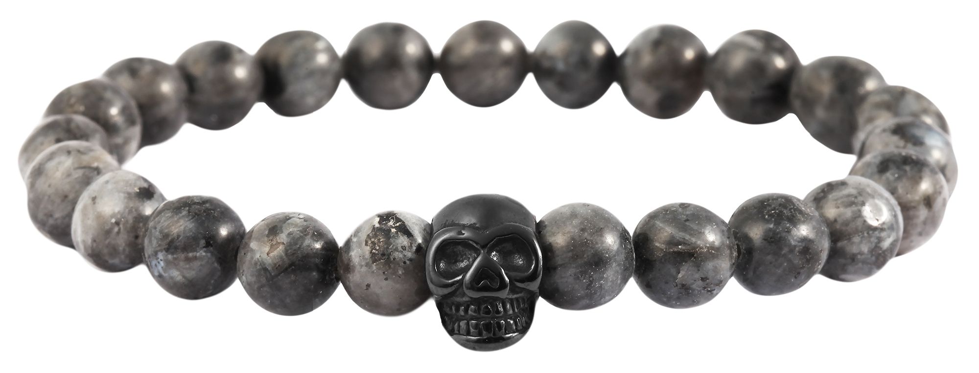 Akzent Naturstein Kugelarmband (Schneeflockenobsidian) mit Edelstahlelement Totenkopf