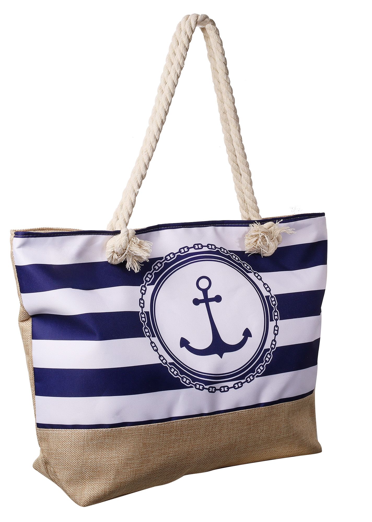 Strandtasche mit maritimen Motiven, blau/weiß gestreift