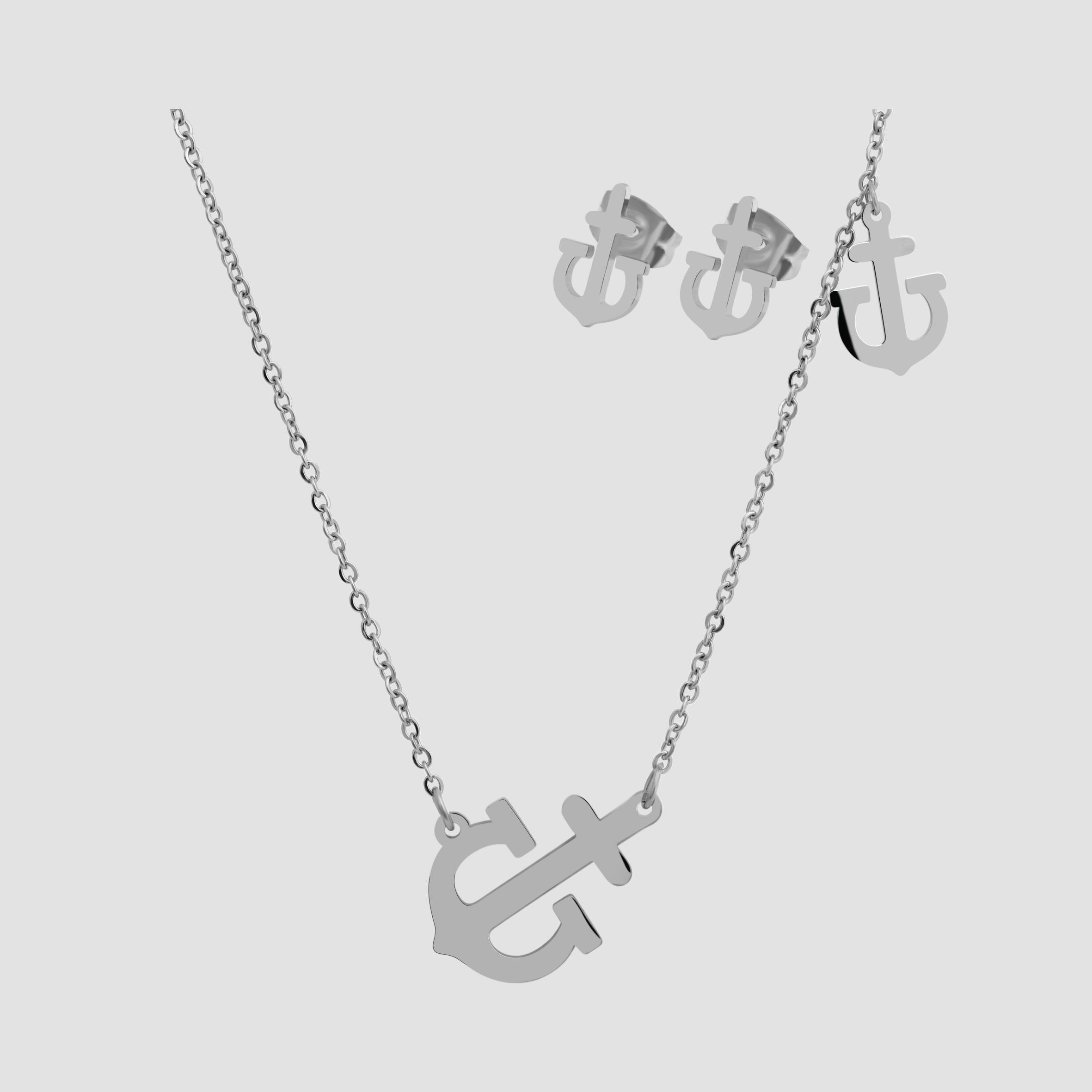 Edelstahl Schmuckset mit Ohrsteckern und Kette mit Anhänger im maritimen Ankerdesign in silberfarbig