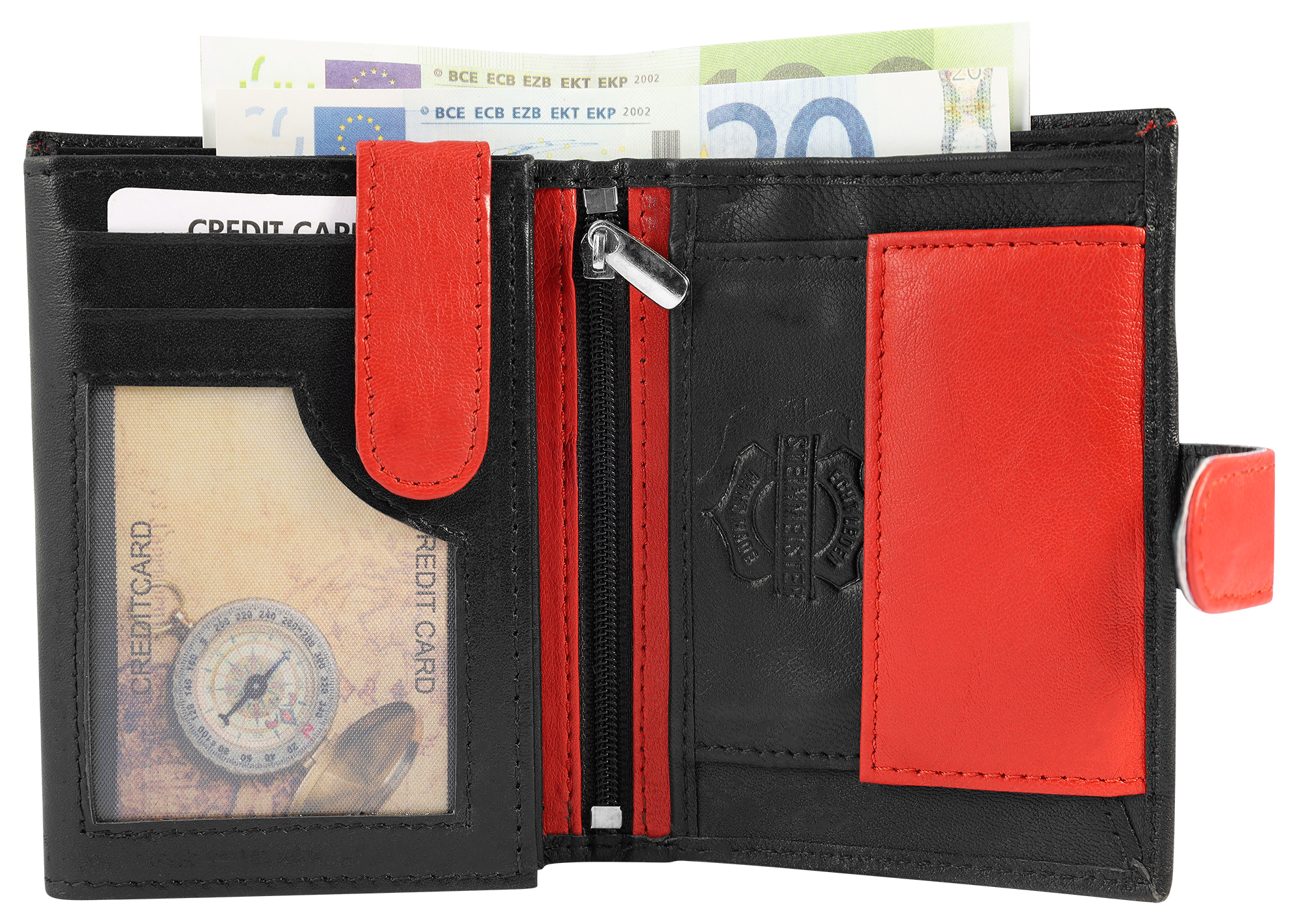 SteinMeister Herren Geldbörse aus Echtleder, Hochformat, schwarz/ rot