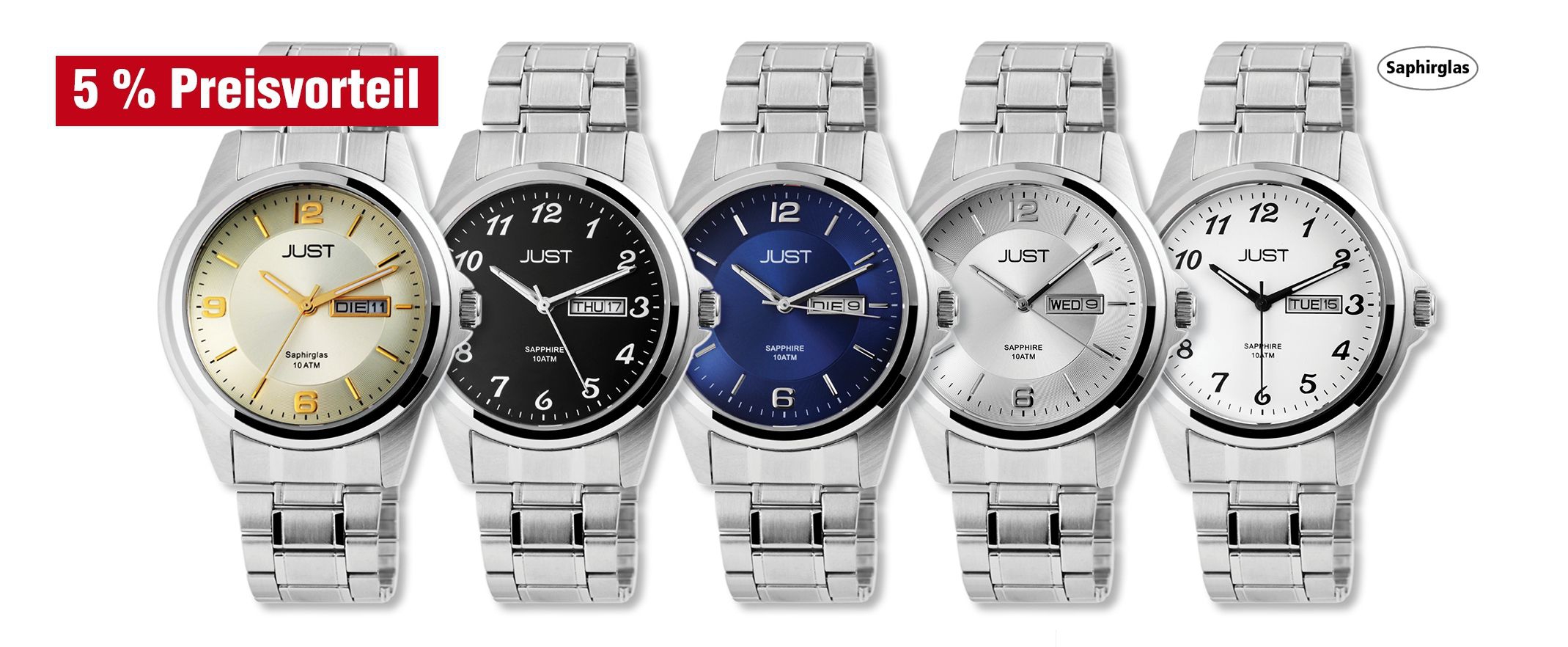 Just Herren Analog Uhren mit Edelstahlband im 5er-Set, 5% Preisvorteil