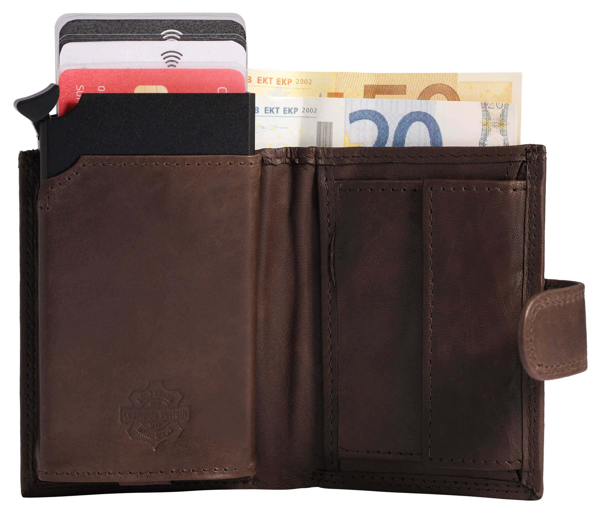 Leonardo Verrelli Echtleder (soft) Geldbörse mit Pop-up-Kartenhalter, RFID, dunkelbraun