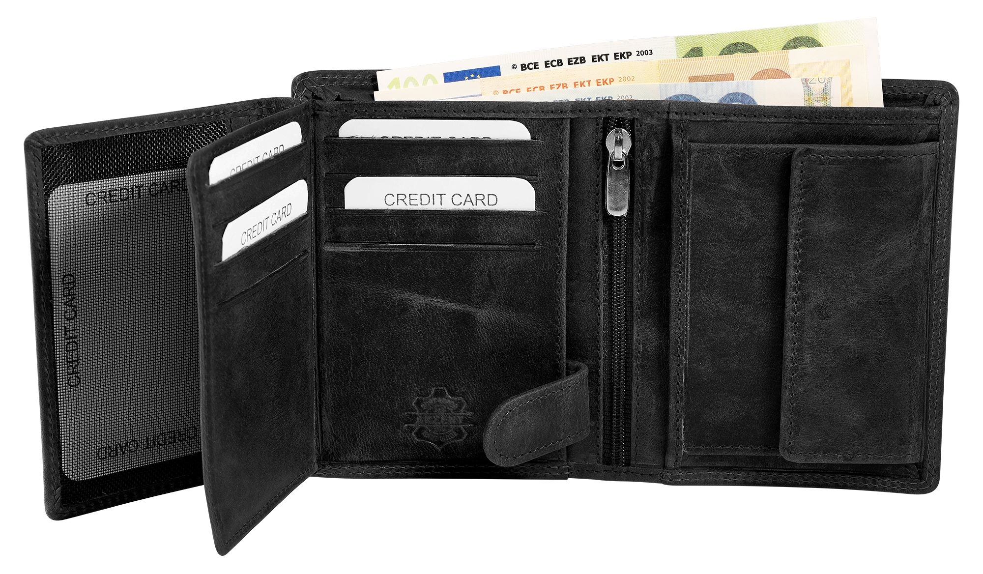 Akzent Echt Leder (Hunter-Leder) Geldbörse, RFID, Hochformat, "Totenkopf", schwarz