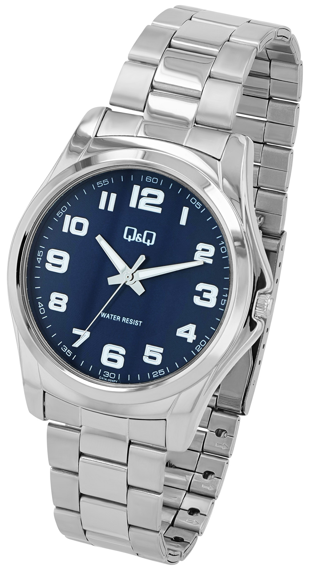 Q&Q Herrenuhr Ø 45 mm, Edelstahlband, silberfarben/ blau