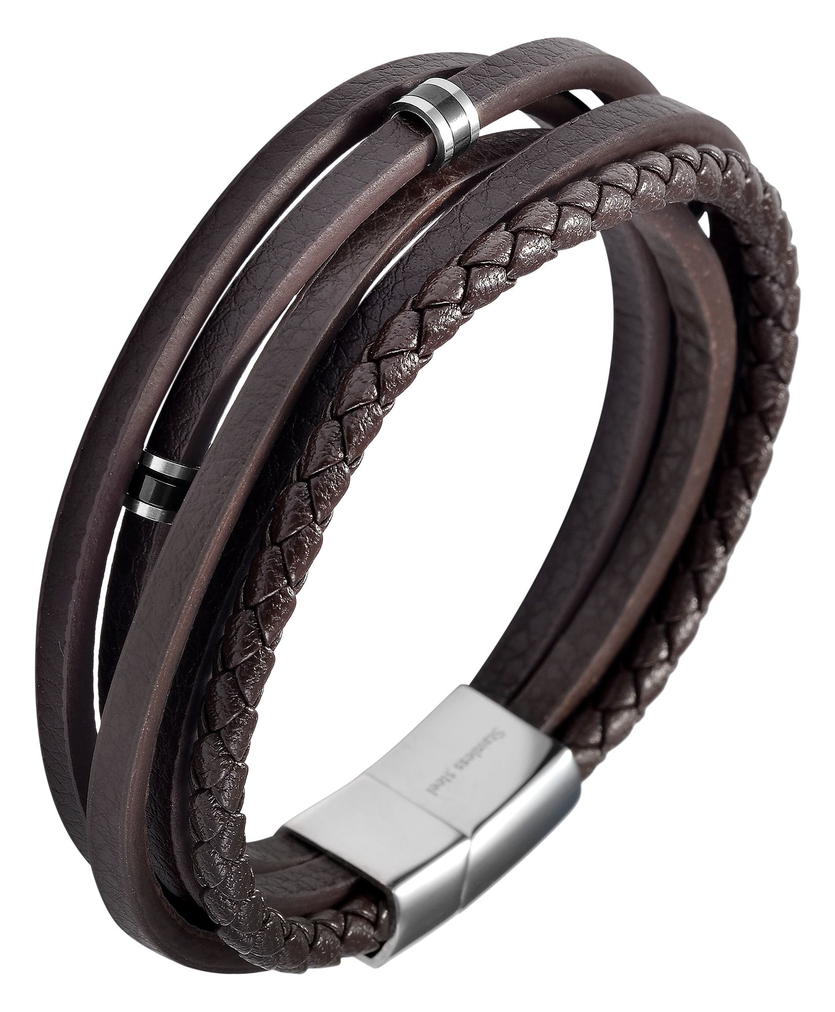 Akzent Armband aus Echtleder, Edelstahlelemente, Länge 21 cm, dunkelbraun