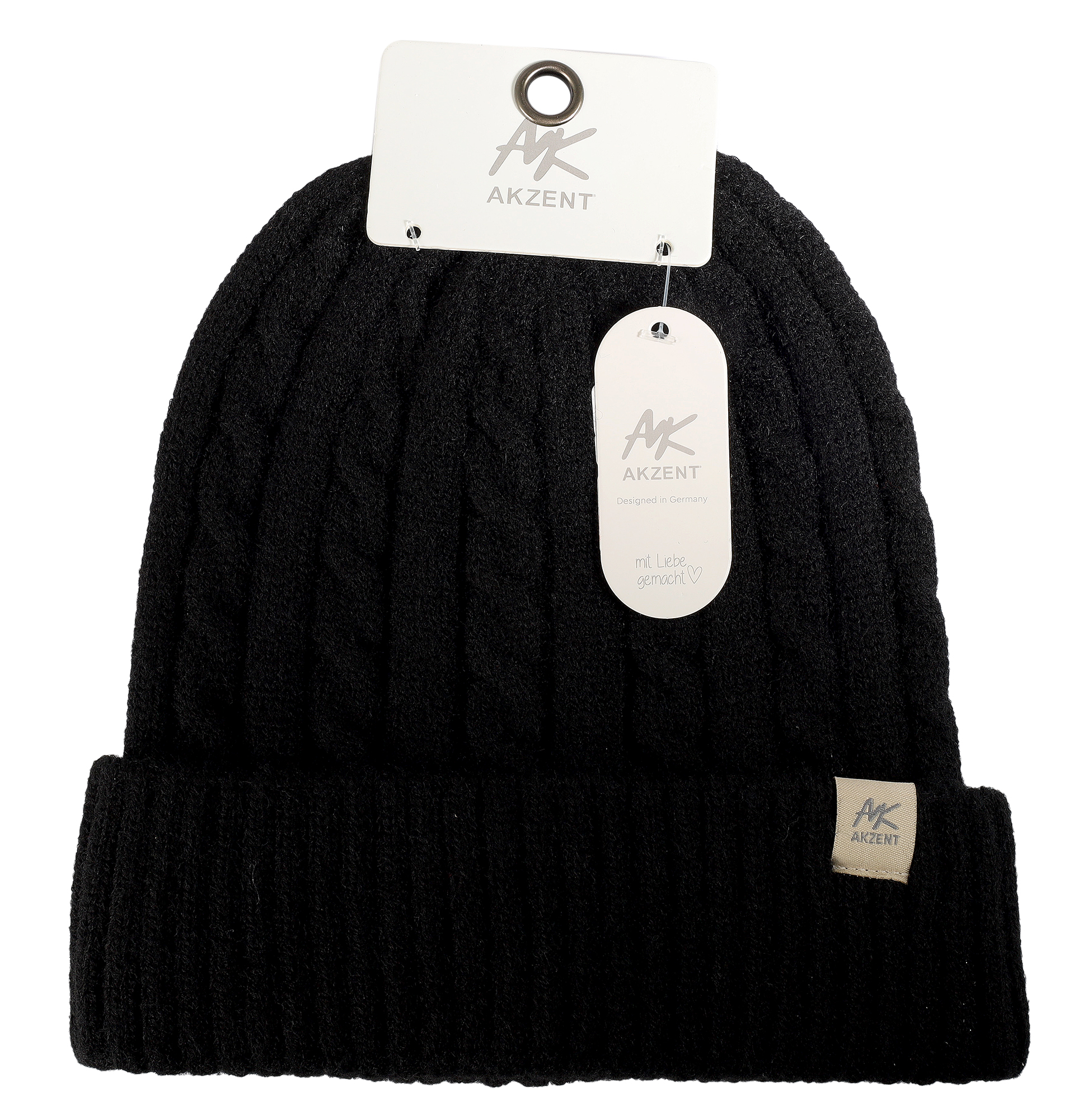 Akzent Strickmütze mit Umschlag, 100% Acryl, 4-VE, schwarz
