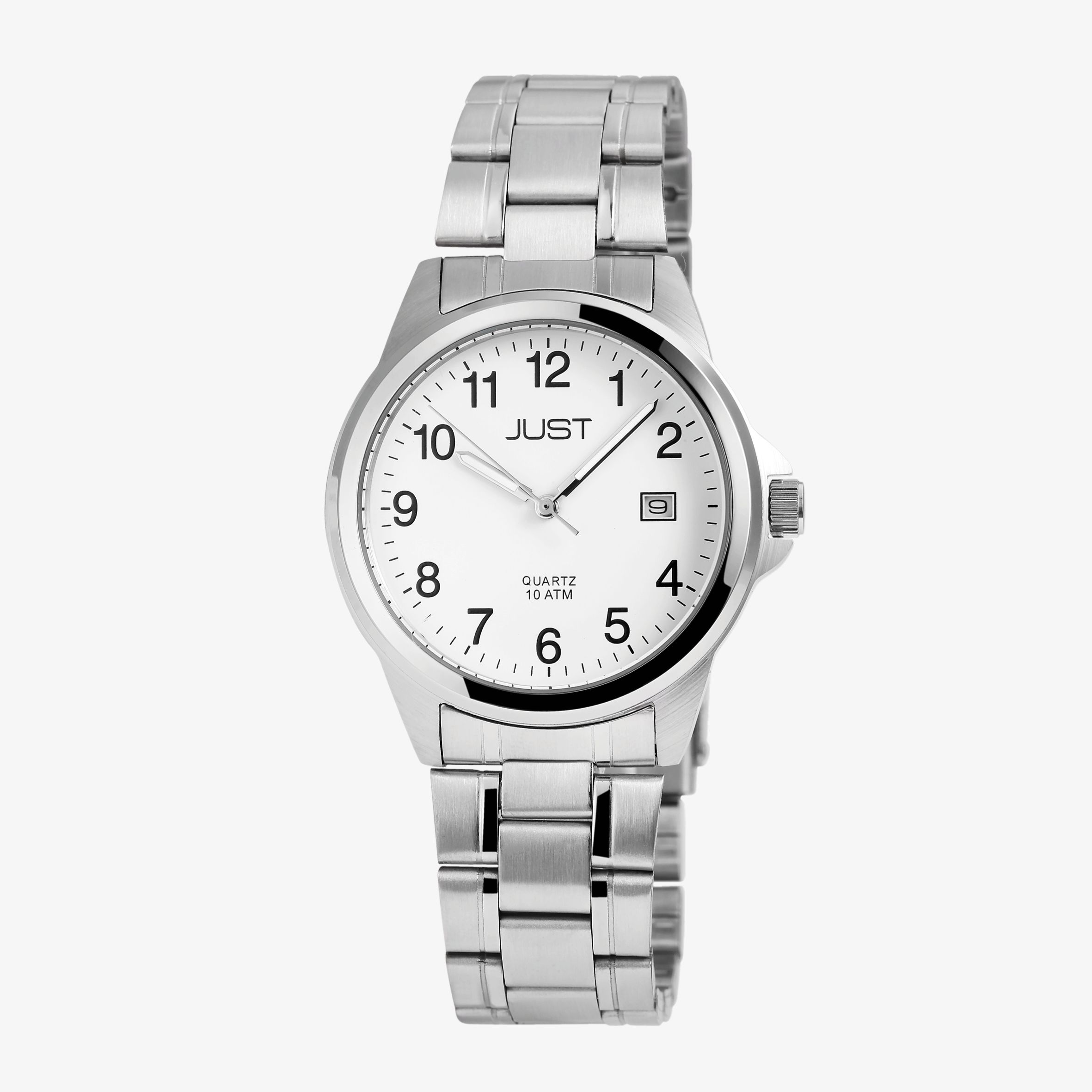 Just "Baroon" Herrenuhr mit Edelstahlband, 3-Zeiger, Datumsanzeige, silberfarben, weißes ZB
