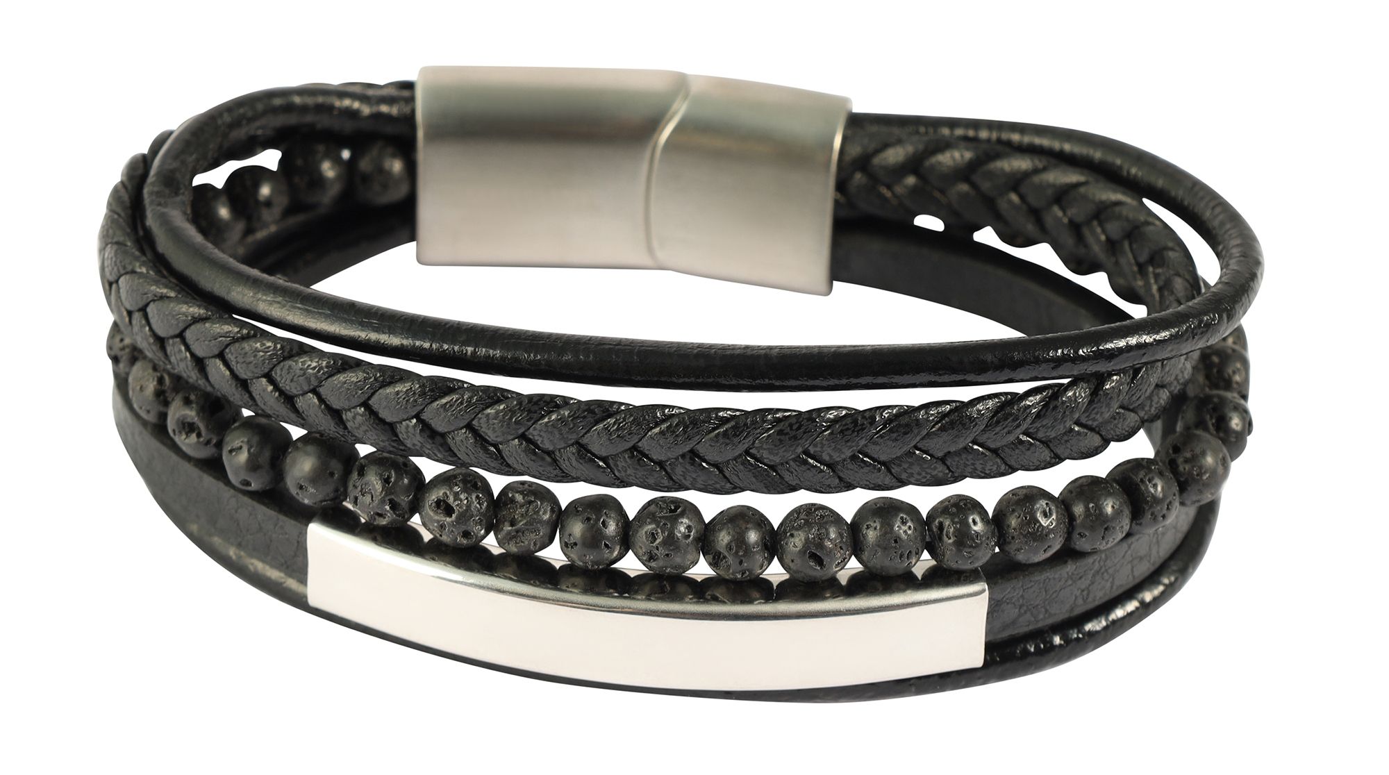 "Neel" 21 cm, Armband aus Lederimitat mit Gravurplatte und Naturstein (Feuerstein), VE-4