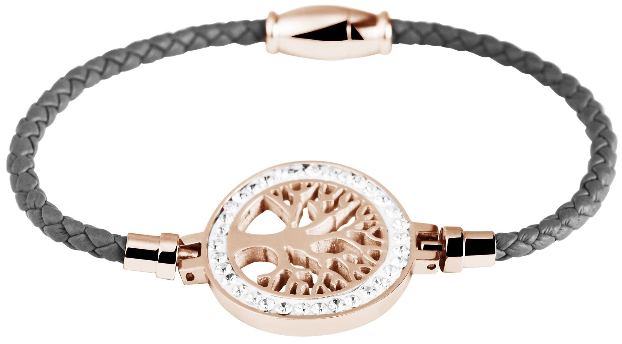 Akzent Armband aus Lederimitat, geflochten mit Edelstahlelement Lebensbaum, grau/roségoldfarben