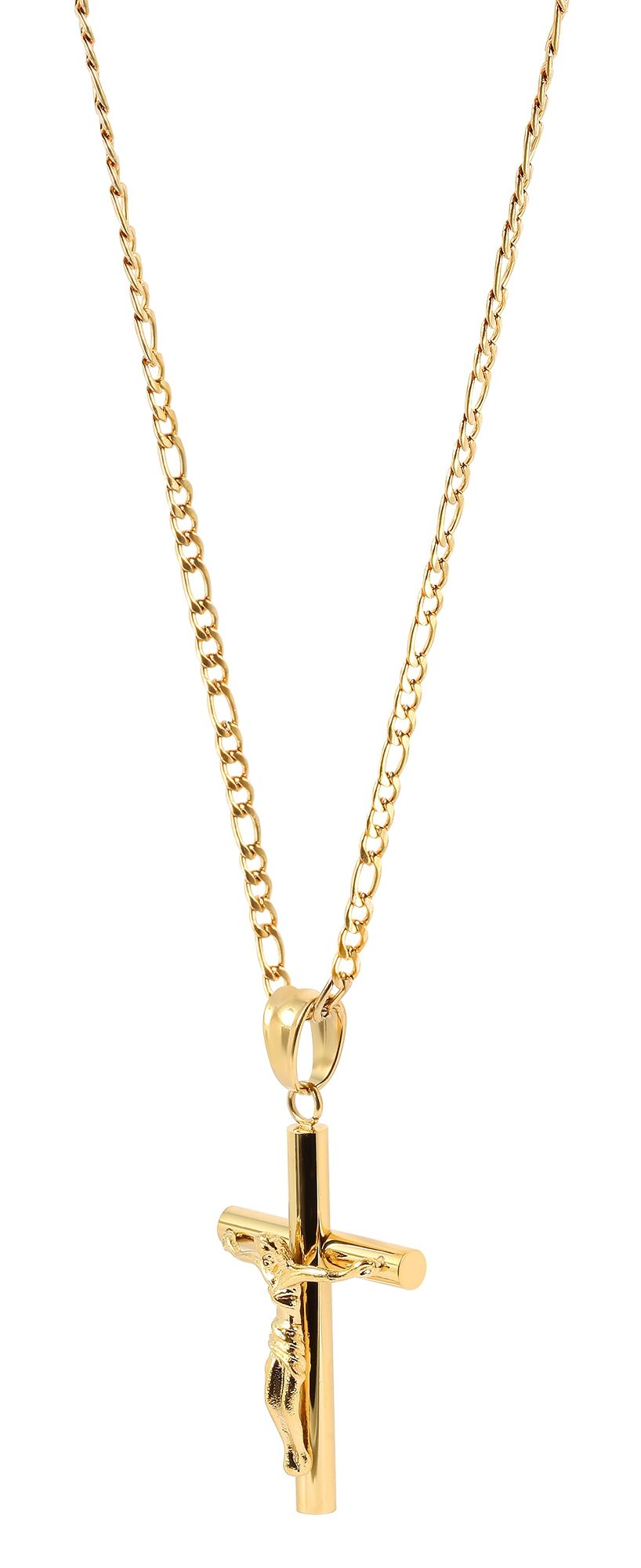 "Mireno" Edelstahlkette mit Anhänger, Kreuz/ Kruzifix, 61 cm/ 3 mm, goldfarben