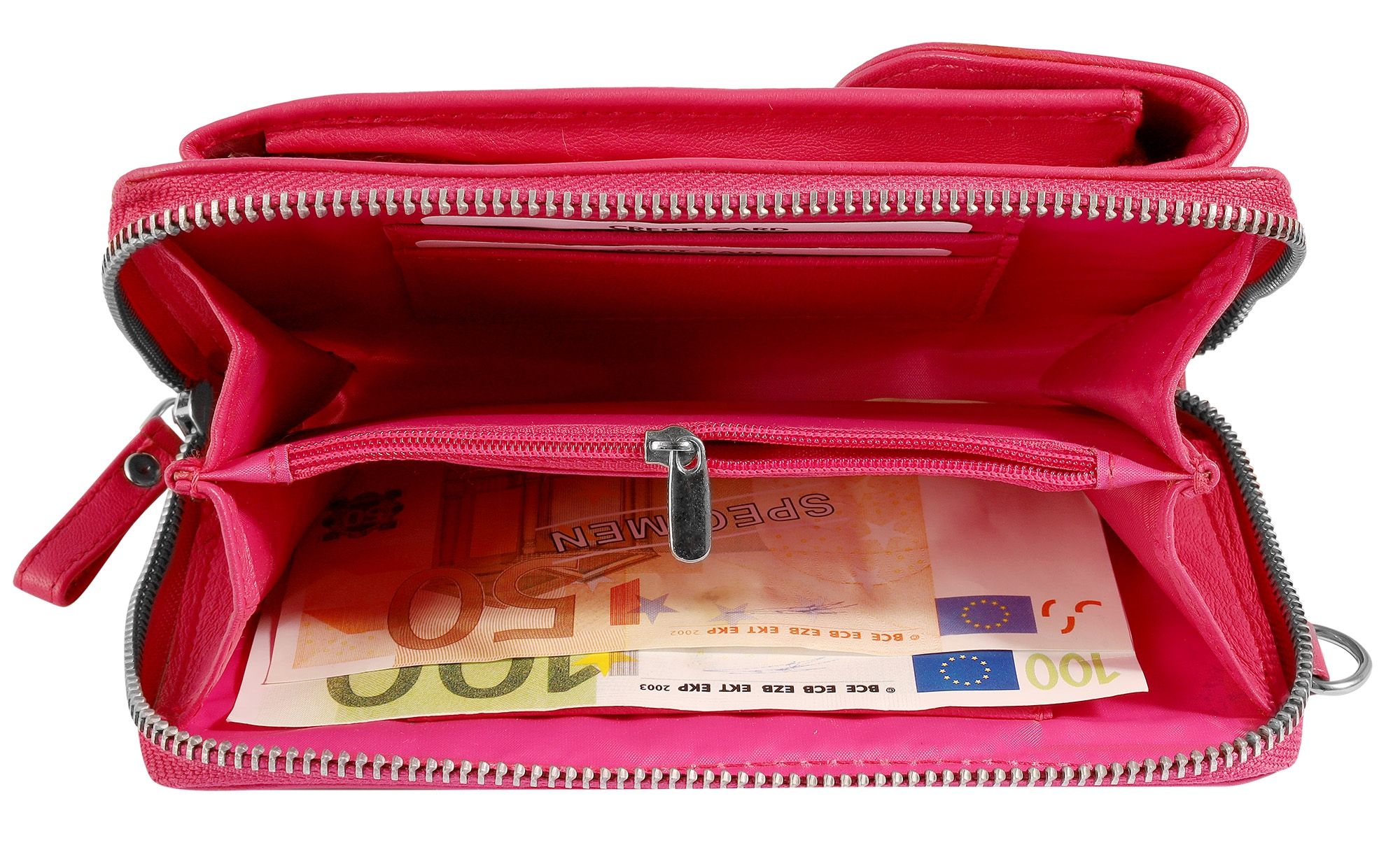 Akzent Handyumhängetasche mit Geldbörse aus Echtleder, geeignet für iPhone 15, hot pink