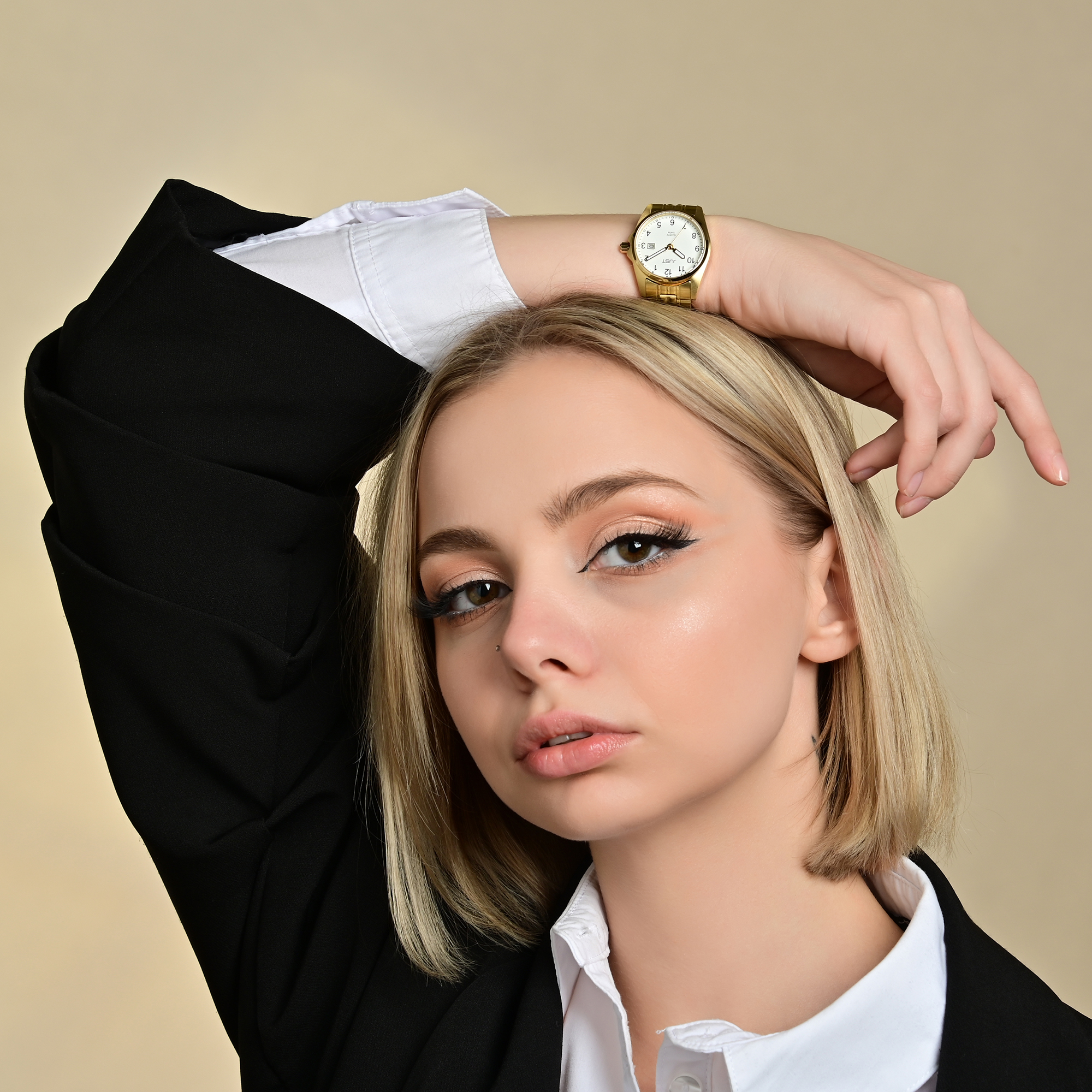 Just "Esrah" Edelstahl Damenarmbanduhr, 3-Zeiger, Datumsanzeige, goldfarben/ weißes ZB