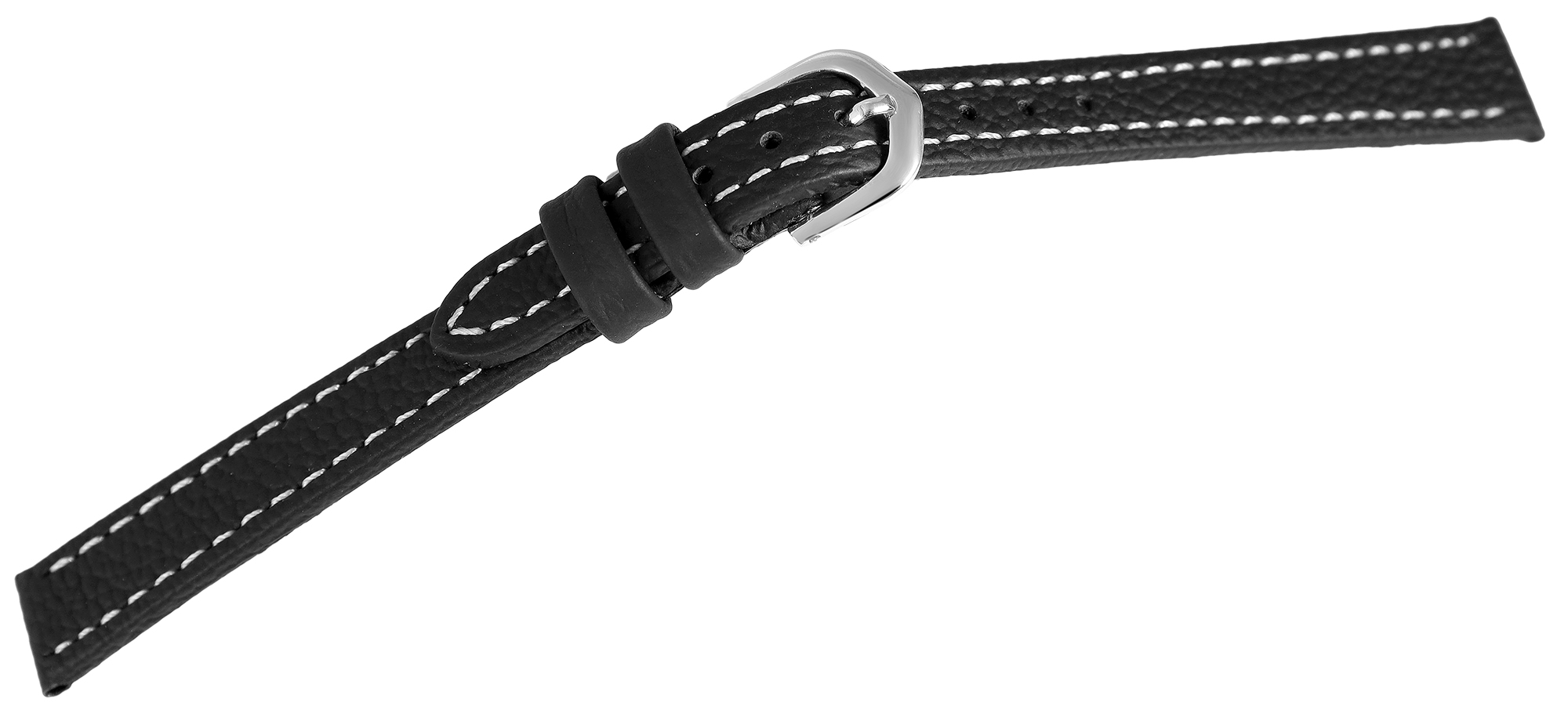 Echtleder Uhrenarmband, Edelstahl Dornschließe, schwarz mit weißer Naht, 12 mm