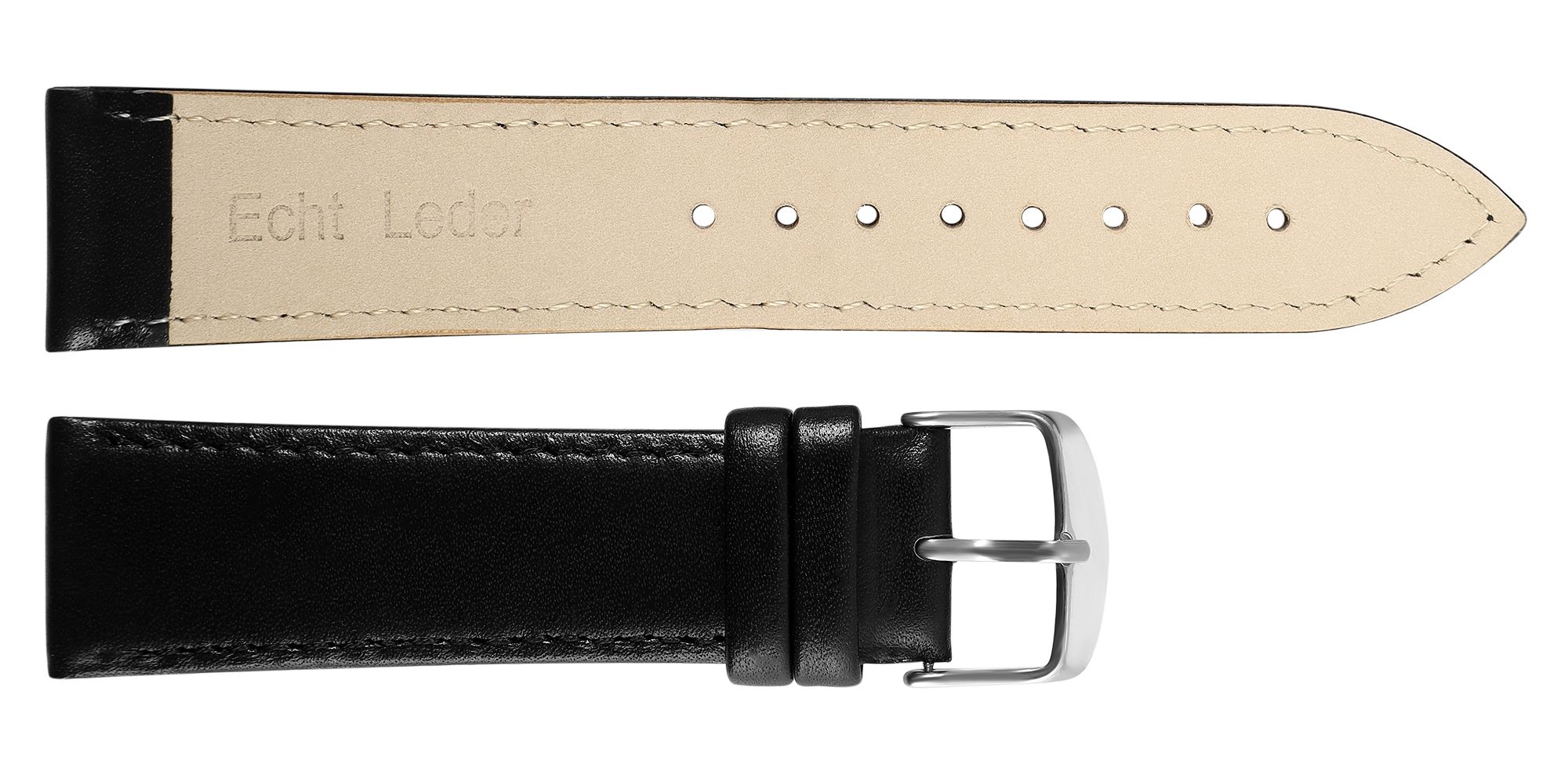 Uhrenarmband aus Echtleder, genäht, schwarz, 18 mm