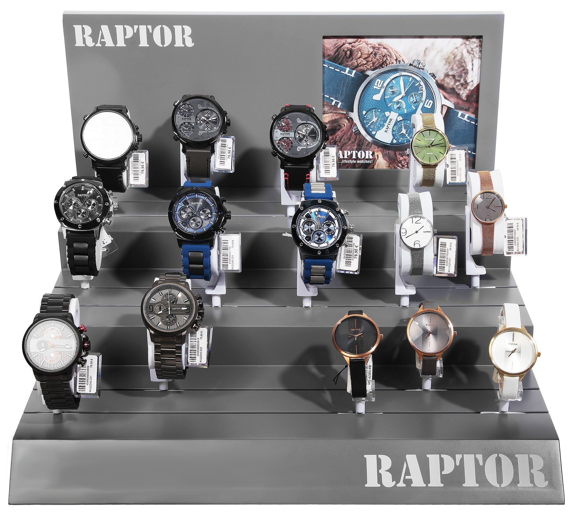 Raptor Uhrendisplay, grau mit Uhrenaufsteller, 44 cm x 44 cm x 30 cm