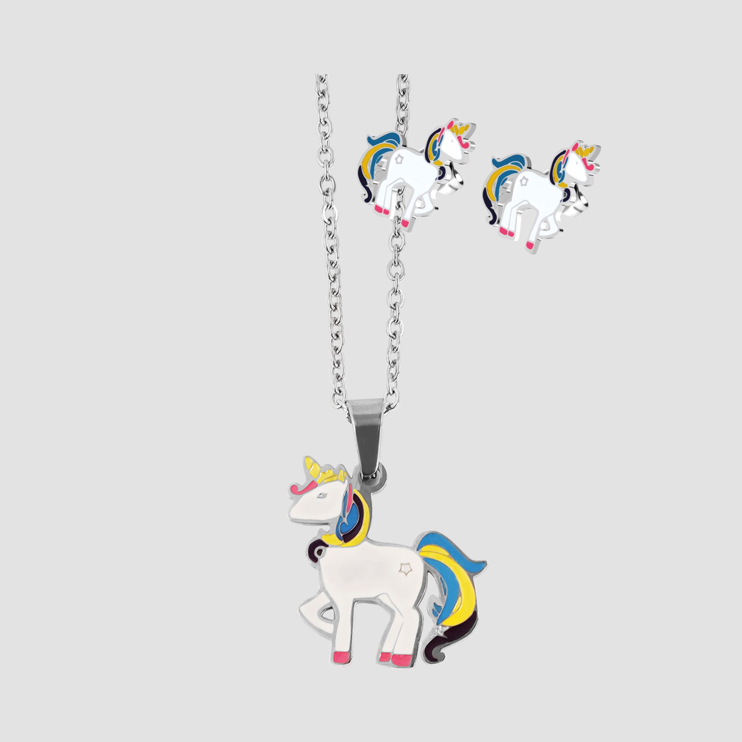 Akzent Schmuckset aus Edelstahl, Kette und Ohrstecker, Einhorn, mehrfarbig