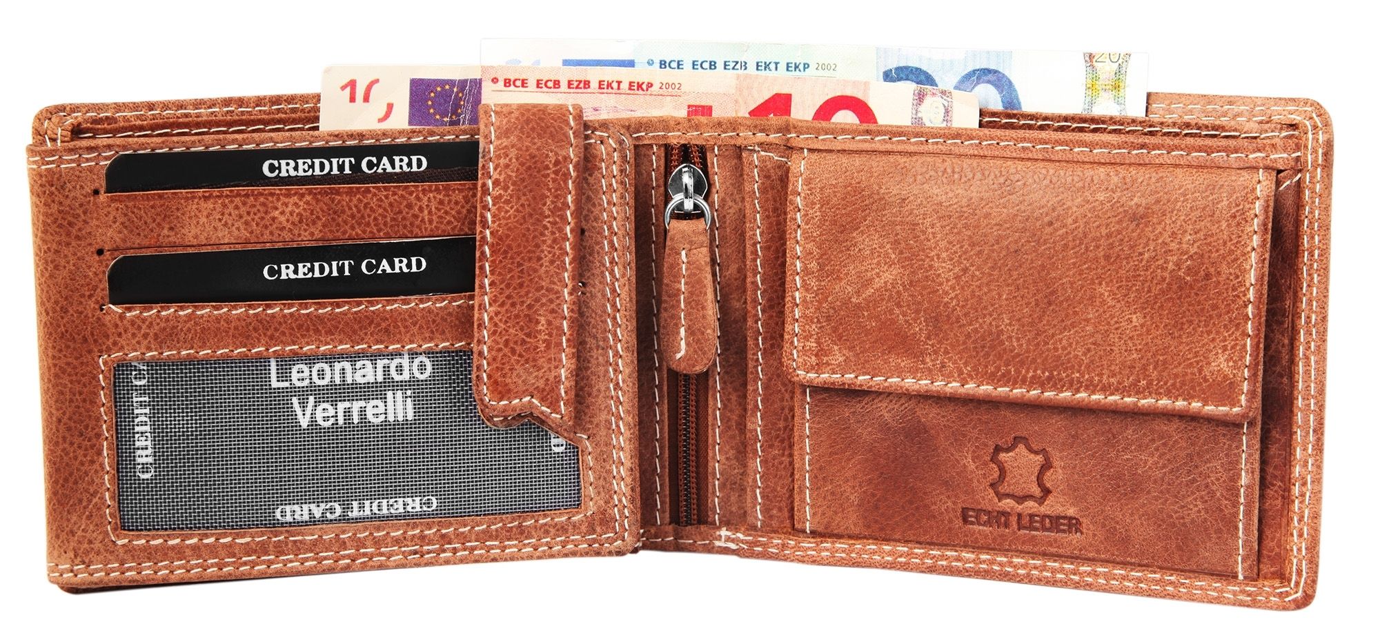Leonardo Verrelli, Echtleder (Distressed Hunter) Geldbörse, RFID, Querformat, braun