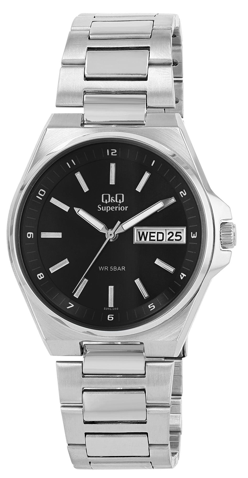 Q&Q Superior Herrenuhr Ø 40 mm, Edelstahlgehäuse, Edelstahlband, silberfarben/schwarz