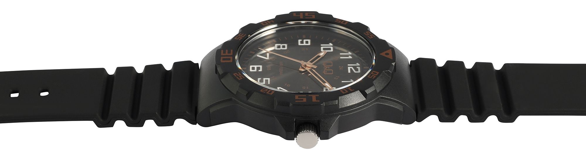 Q&Q Herrenuhr, Kunststoff, Silikonarmband, Ø 43 mm, schwarz/ braune Details