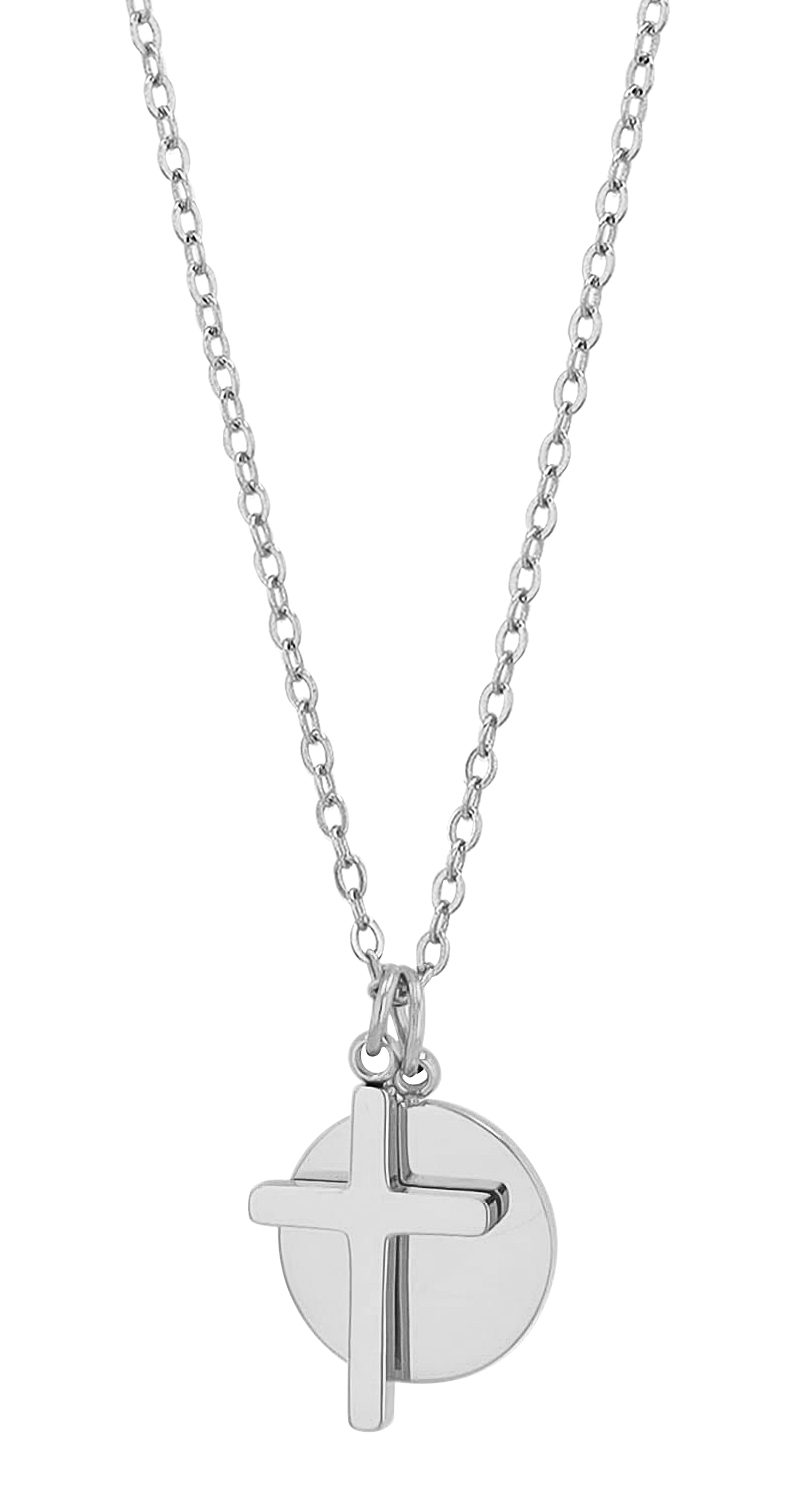 "Caitlin" Edelstahl Kette (41+5 cm) mit Anhänger - Kreuz/ Gravurplättchen, silberfarben