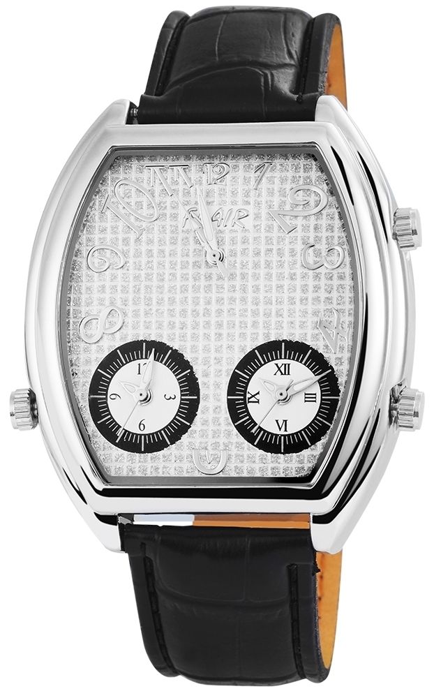 Flair Herrenuhr, Echtlederband, Triple-Time-Zone-Uhr, schwarz/ silberfarben