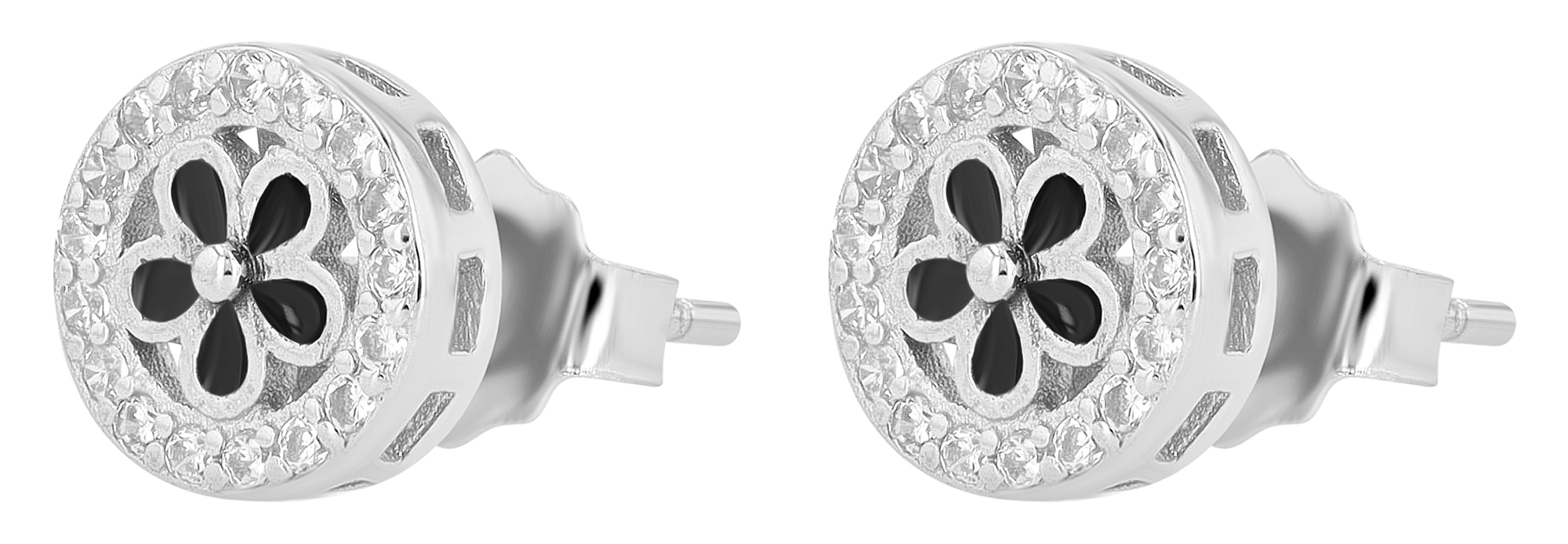 "Lucretia", 925/- Echt Silber Ohrstecker - Blume, silberfarben rhodiniert/ schwarz