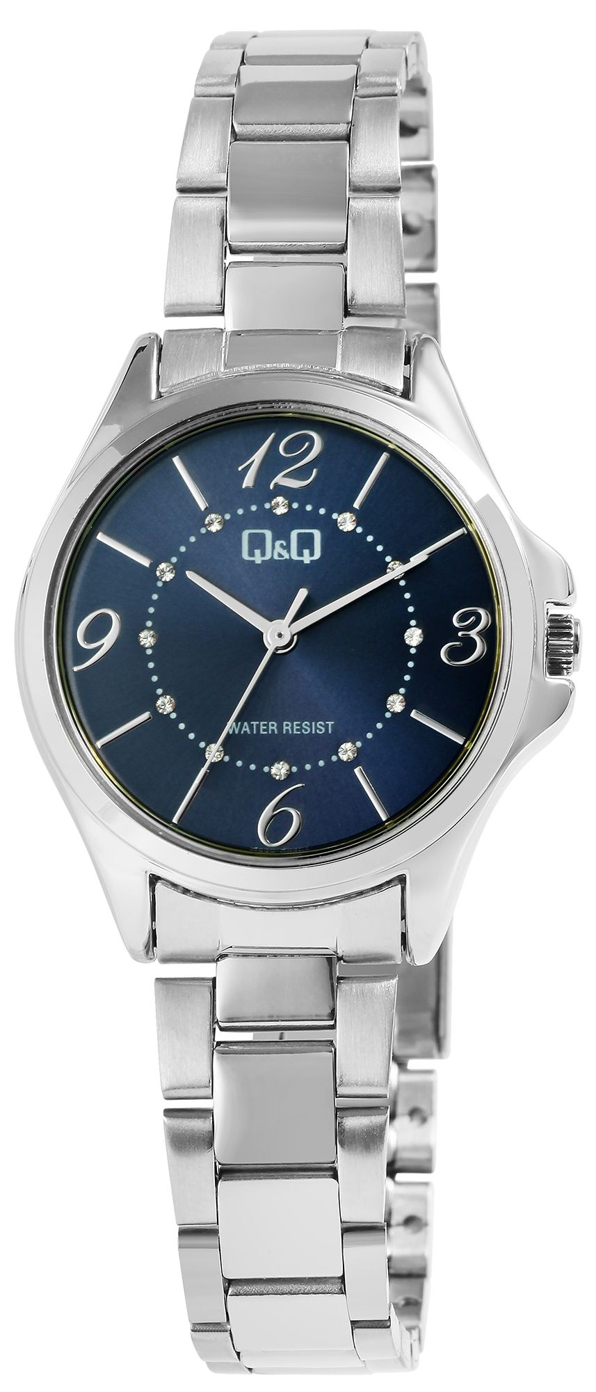 Q&Q Damenuhr mit Edelstahlarmband, 3 Bar, silberfarben/blau