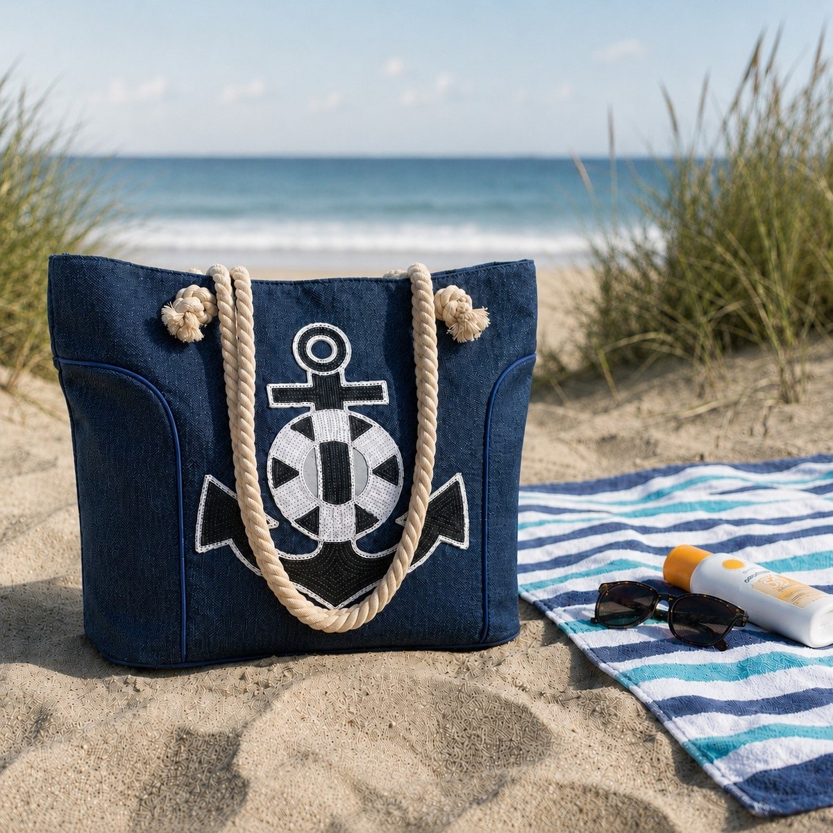 Strandtasche aus Nylon, Ankermotiv aus Pailletten, blau