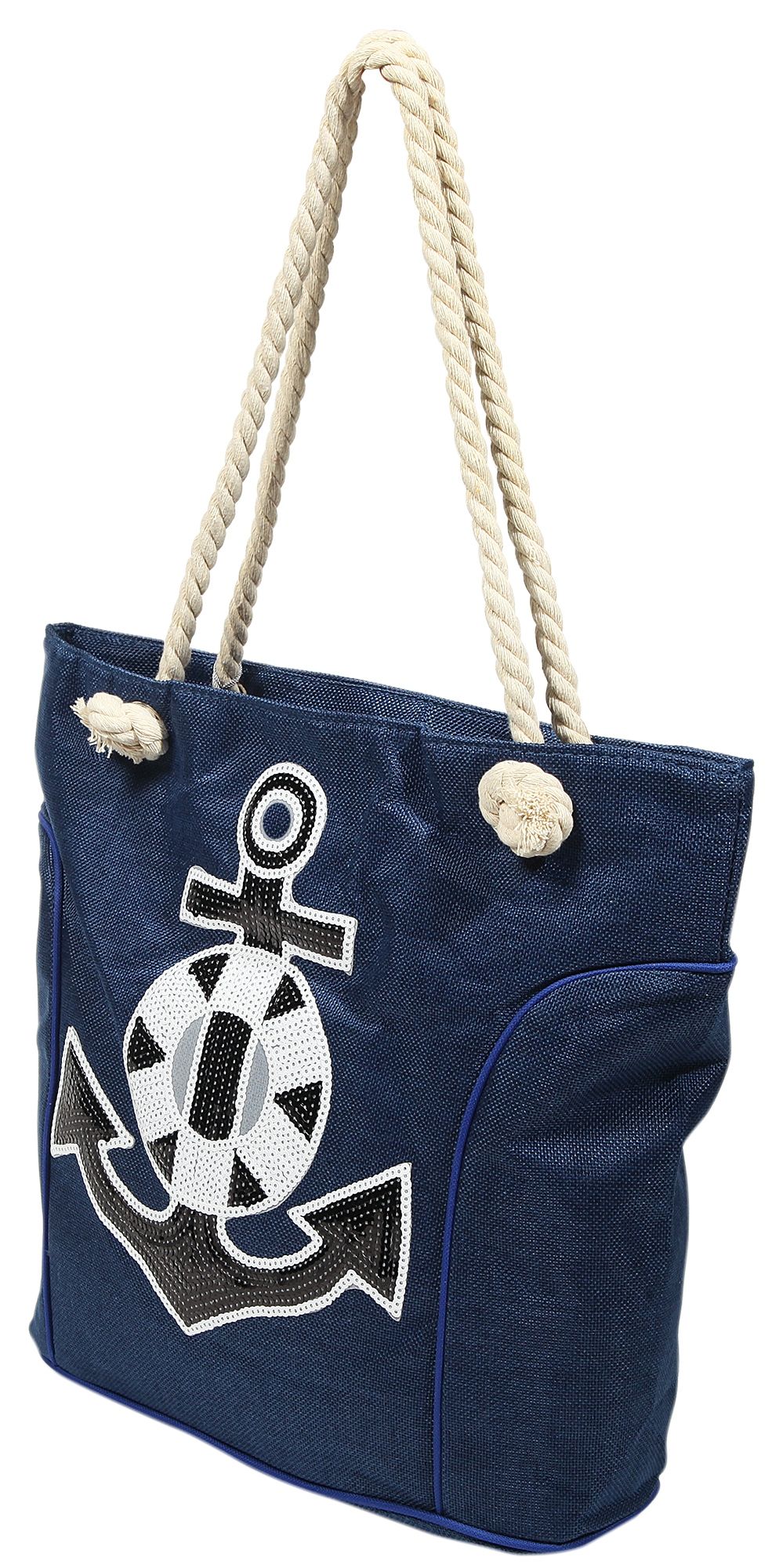 Strandtasche aus Nylon, Ankermotiv aus Pailletten, blau